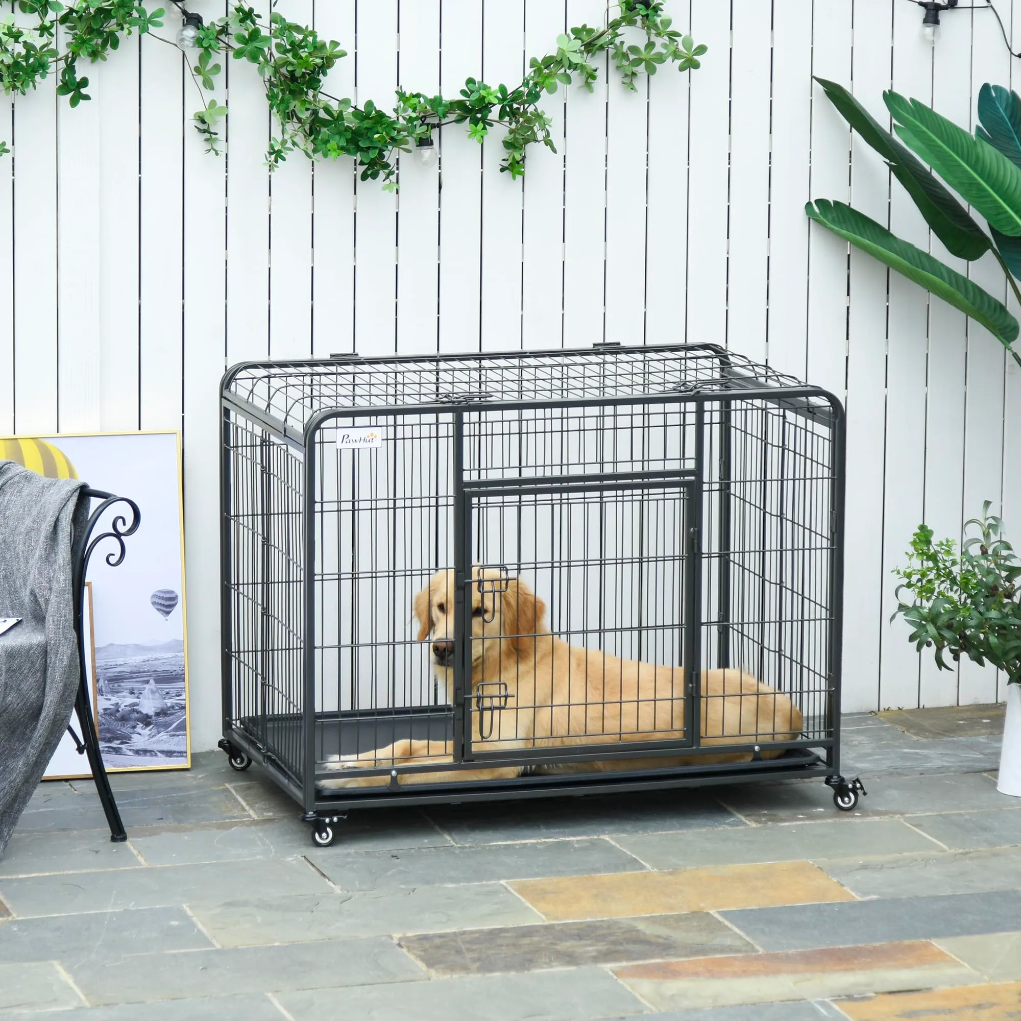 PawHut Kennel Gabbia per Cani Pieghevole, 109.5x71x78cm, Grigio Scuro - immagine 2