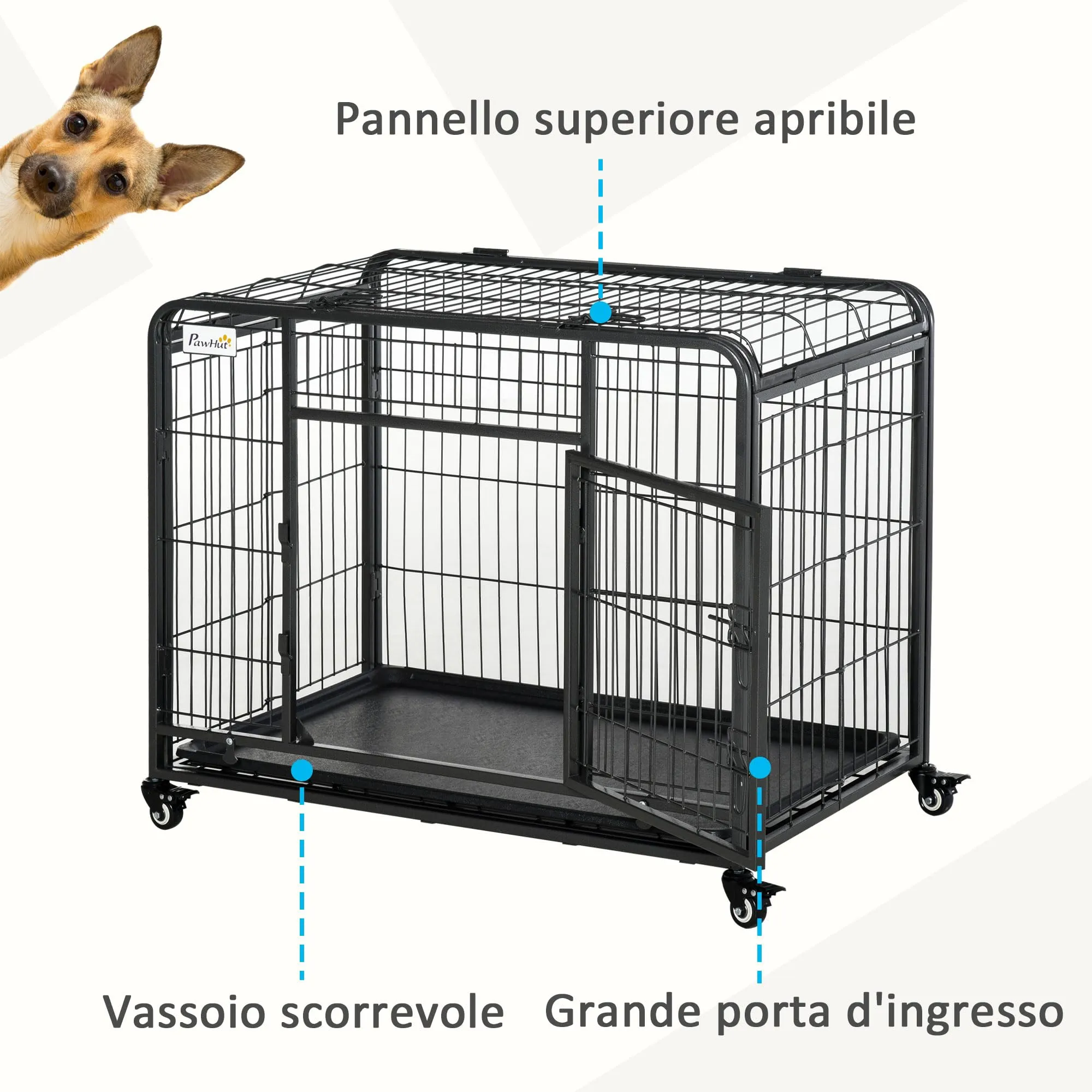 PawHut Kennel Gabbia per Cani Pieghevole, 109.5x71x78cm, Grigio Scuro - immagine 4