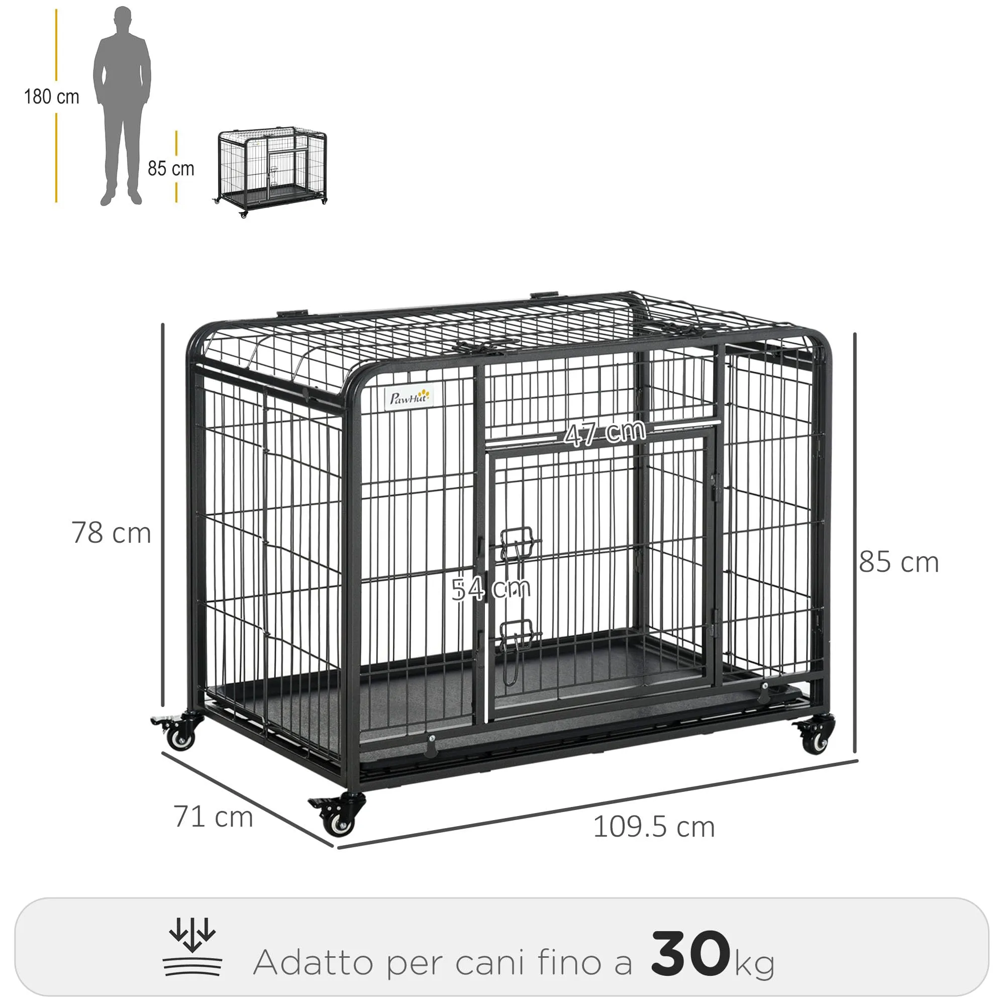 PawHut Kennel Gabbia per Cani Pieghevole, 109.5x71x78cm, Grigio Scuro - immagine 7