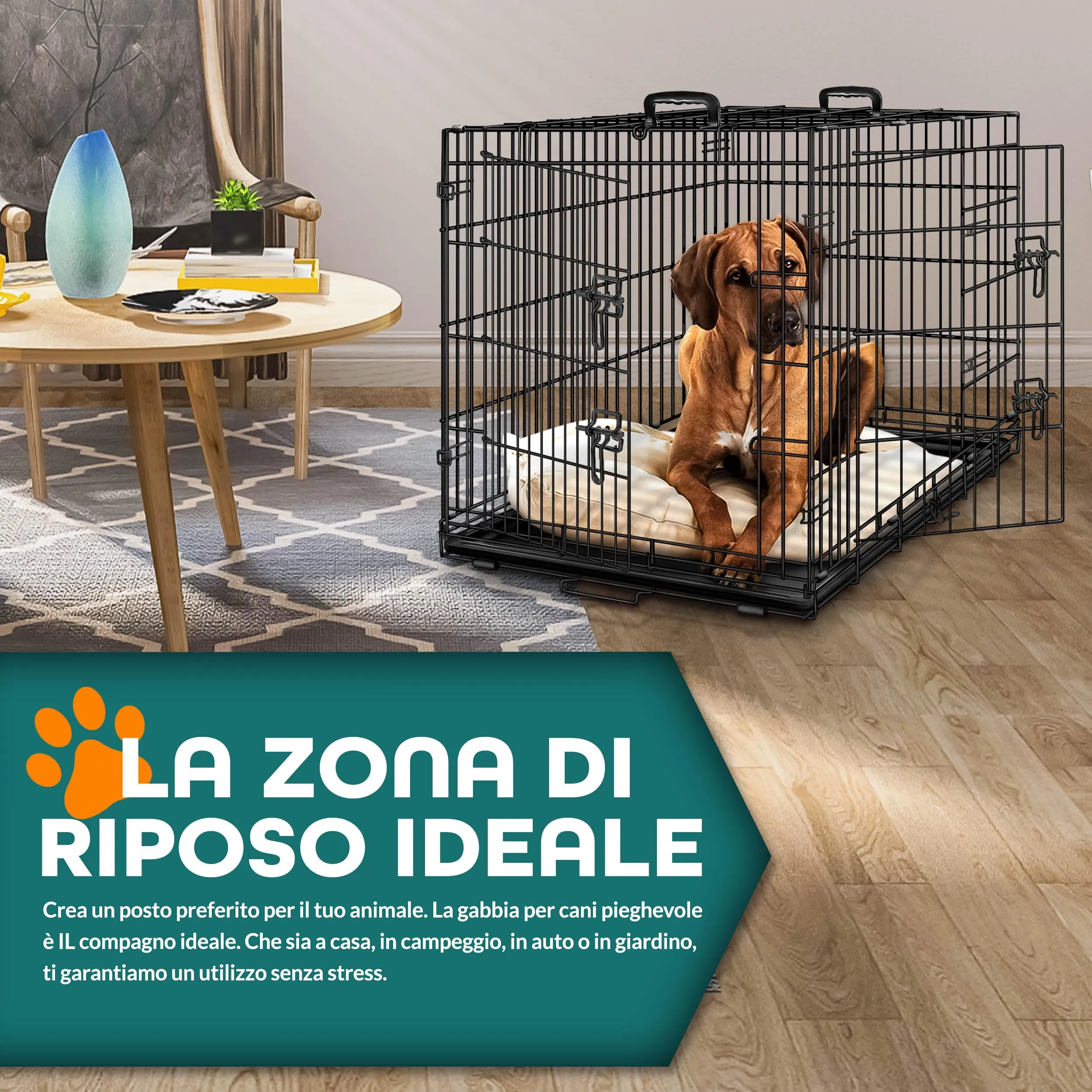 TRESKO Gabbie Pieghevole per Cani e Gatti | Trasportino con 2 Porte in Metallo | Box per Animali | Cuccia Pieghevole con Vassoio Rimovibil (M - 62 x 45 x 52 cm) - immagine 7