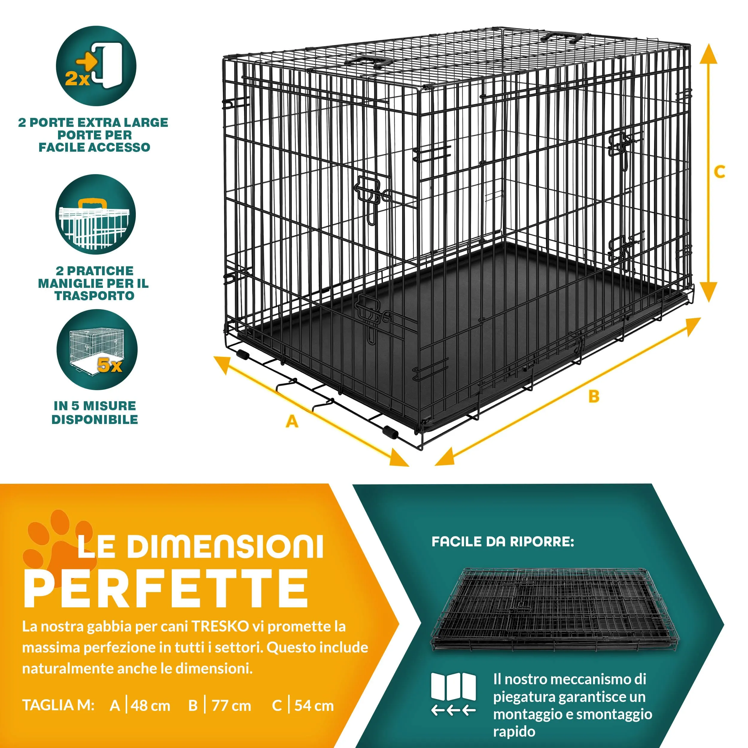 TRESKO Gabbie Pieghevole per Cani e Gatti | Trasportino con 2 Porte in Metallo | Box per Animali | Cuccia Pieghevole con Vassoio Rimovibil (M - 77 x 48 x 54 cm) - immagine 5