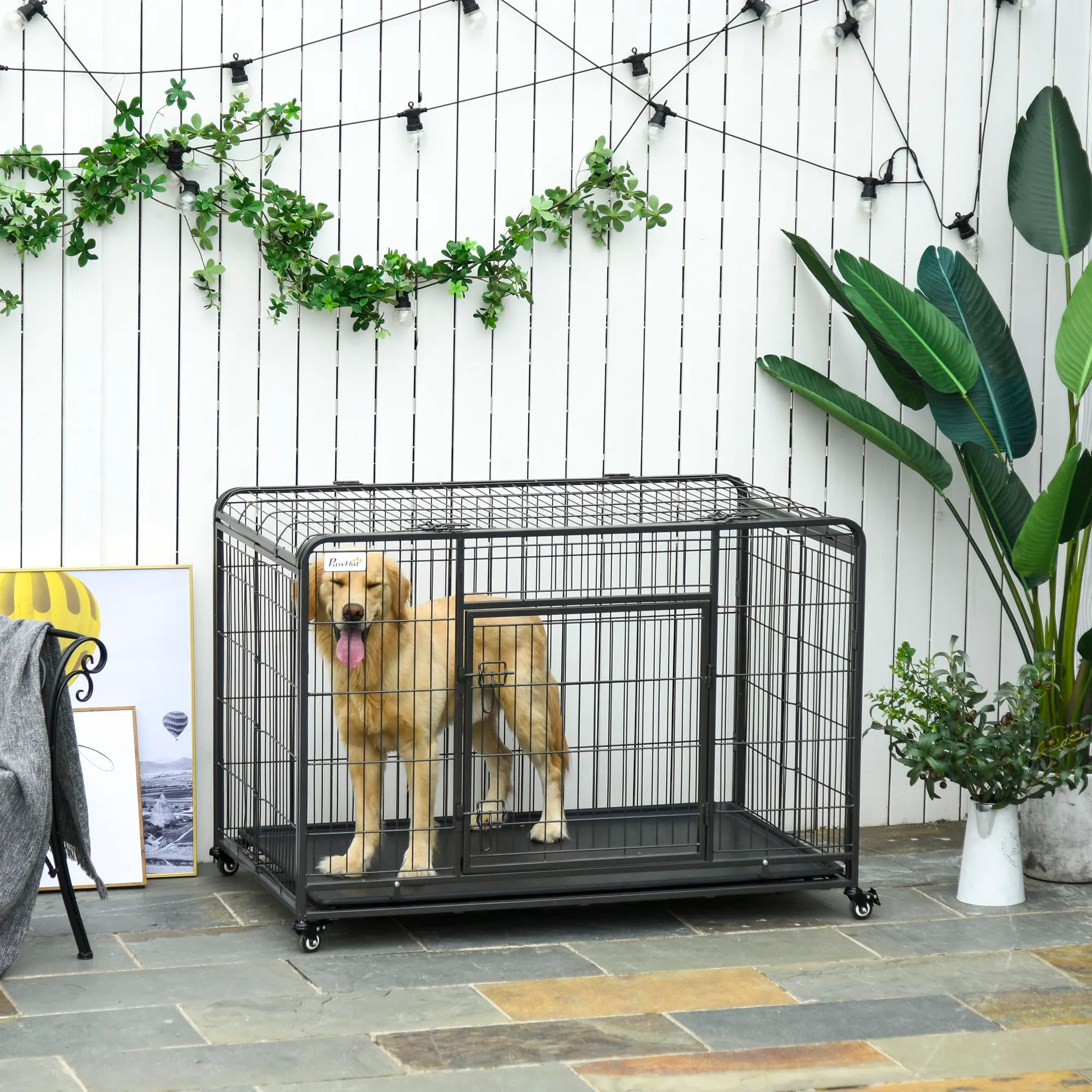 PawHut Kennel Gabbia per Cani Pieghevole, 125x76x81cm, Grigio Scuro - immagine 2