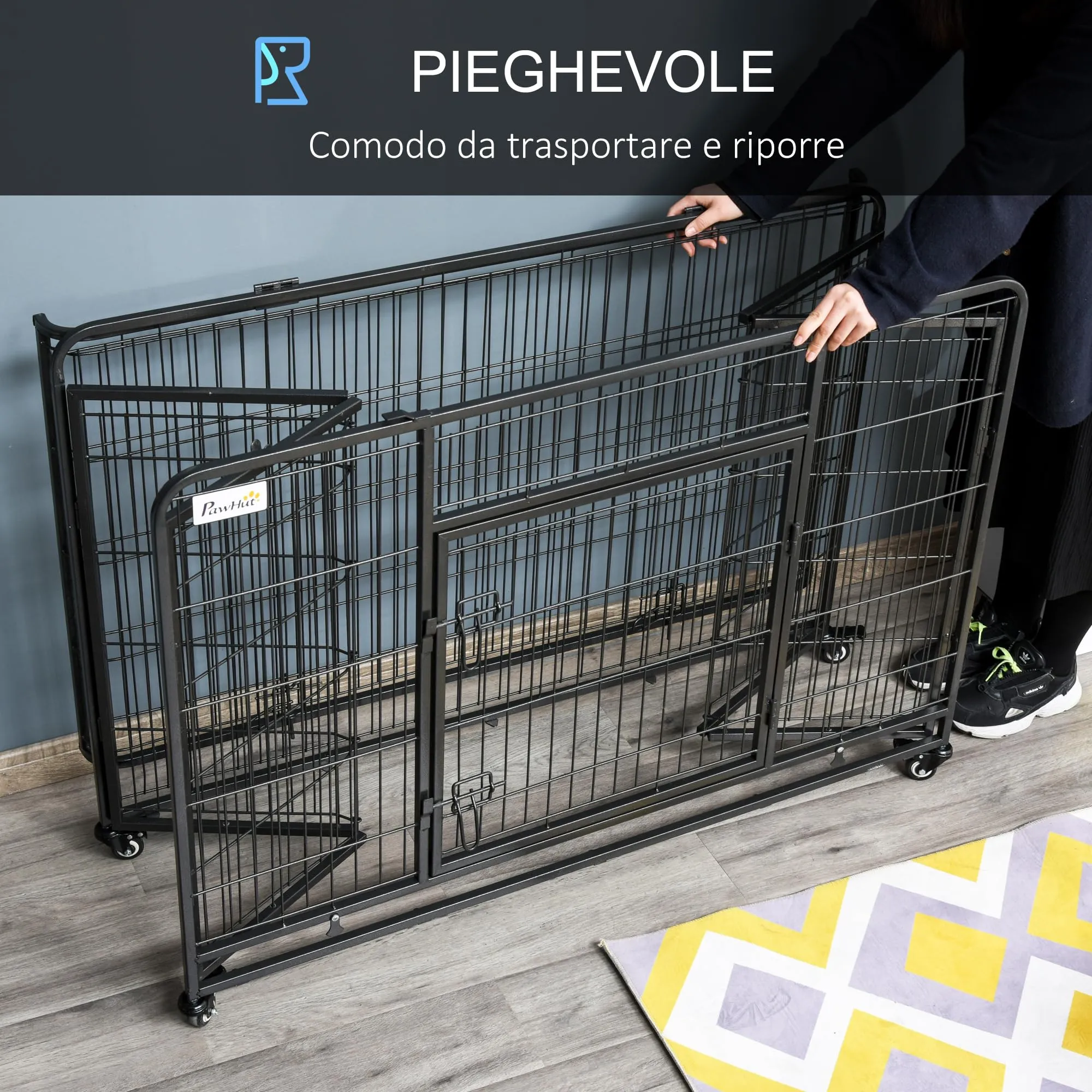 PawHut Kennel Gabbia per Cani Pieghevole, 125x76x81cm, Grigio Scuro - immagine 3