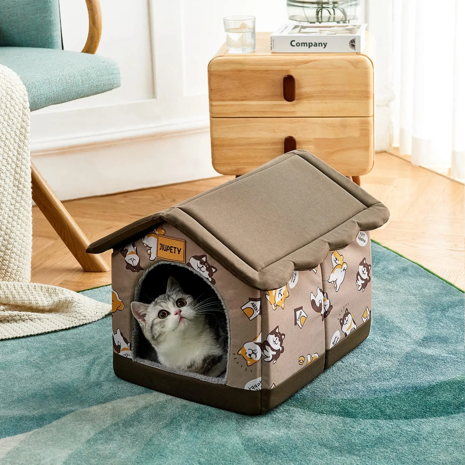 Jiupety Casetta per Gatti Interno, Taglia S, Adatto A Cani e Gatti, Grotta Calda e Confortevole, Cuscino Sedile Reversibile, Fondo Antiscivolo, Marrone - immagine 4
