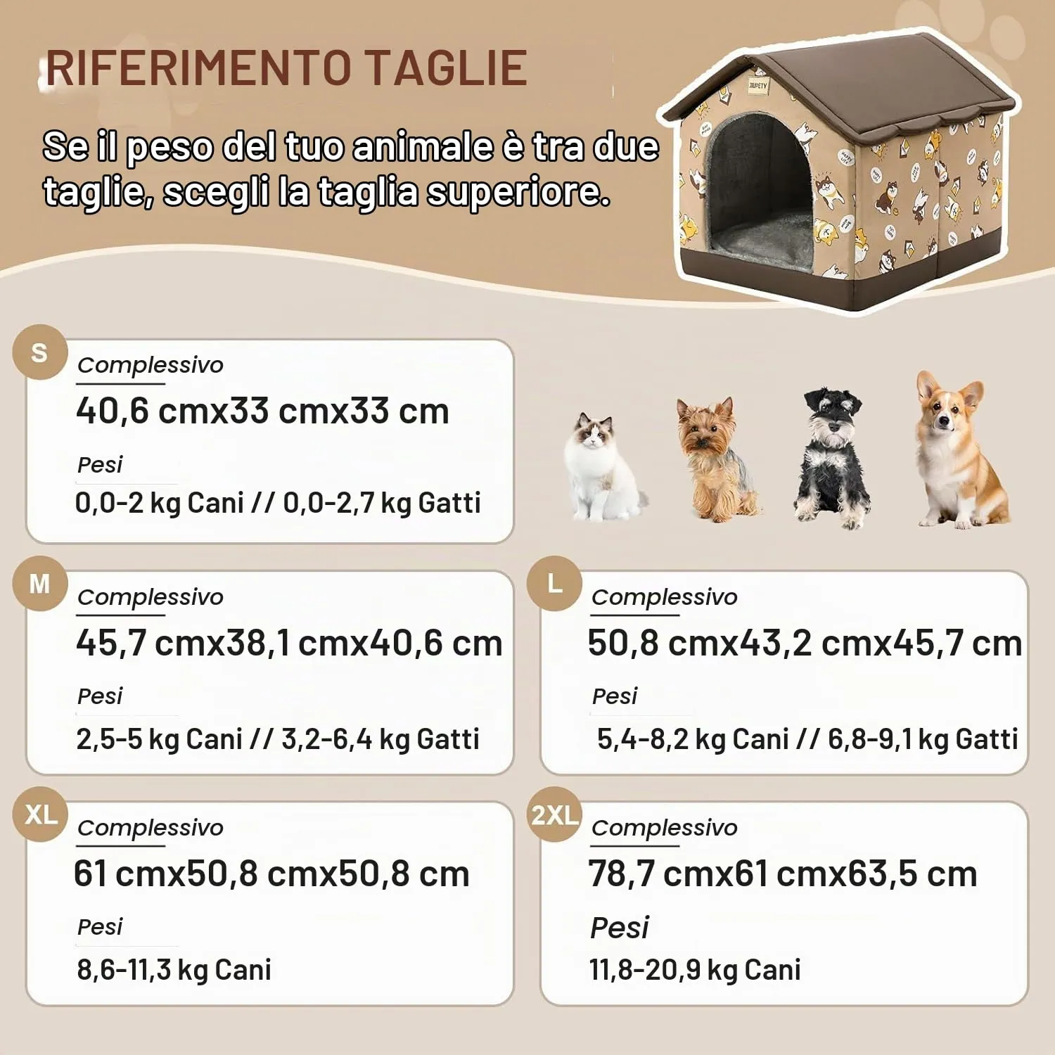Jiupety Casetta per Gatti Interno, Taglia S, Adatto A Cani e Gatti, Grotta Calda e Confortevole, Cuscino Sedile Reversibile, Fondo Antiscivolo, Marrone - immagine 6