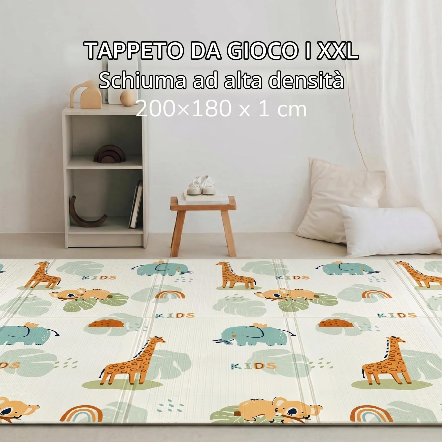 Buddy Baby - Tappetino da gioco per bambini, XXL, 180 x 200 cm, double face, resistente, imbottito, pieghevole, con borsa per il trasporto (Safari/Words) - immagine 5