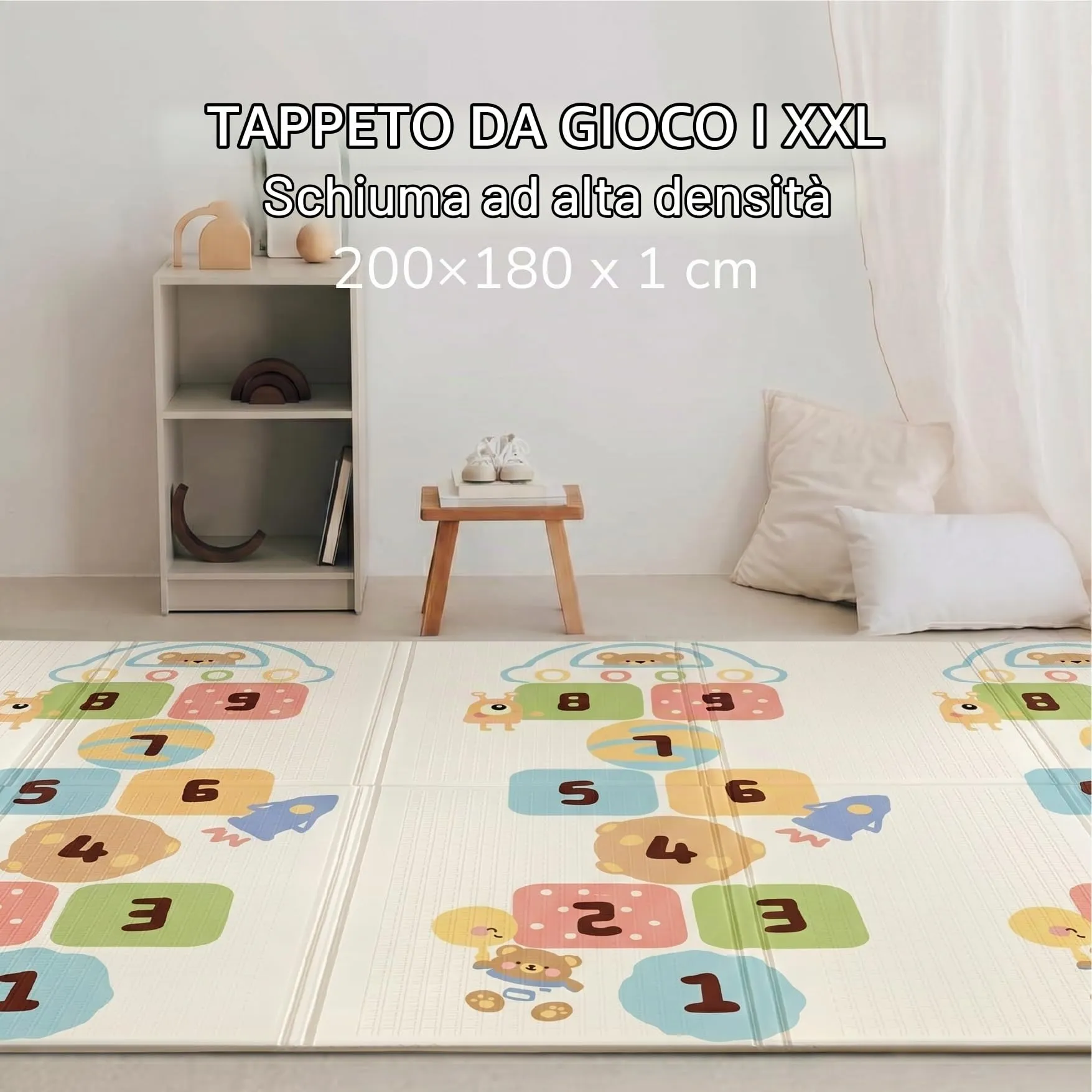 Buddy Baby - Tappetino da gioco per bambini, XXL, 180 x 200 cm, double face, resistente, imbottito, pieghevole, con borsa per il trasporto (Elephant/Numbers) - immagine 5