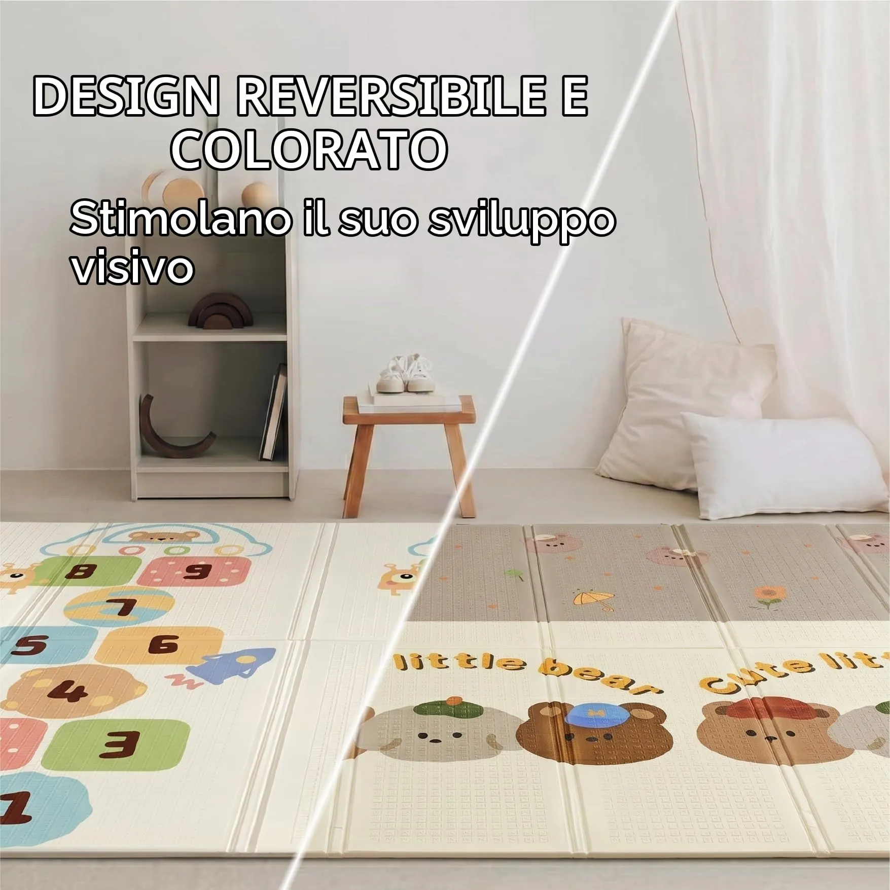 Buddy Baby - Tappetino da gioco per bambini, XXL, 180 x 200 cm, double face, resistente, imbottito, pieghevole, con borsa per il trasporto (Elephant/Numbers) - immagine 6