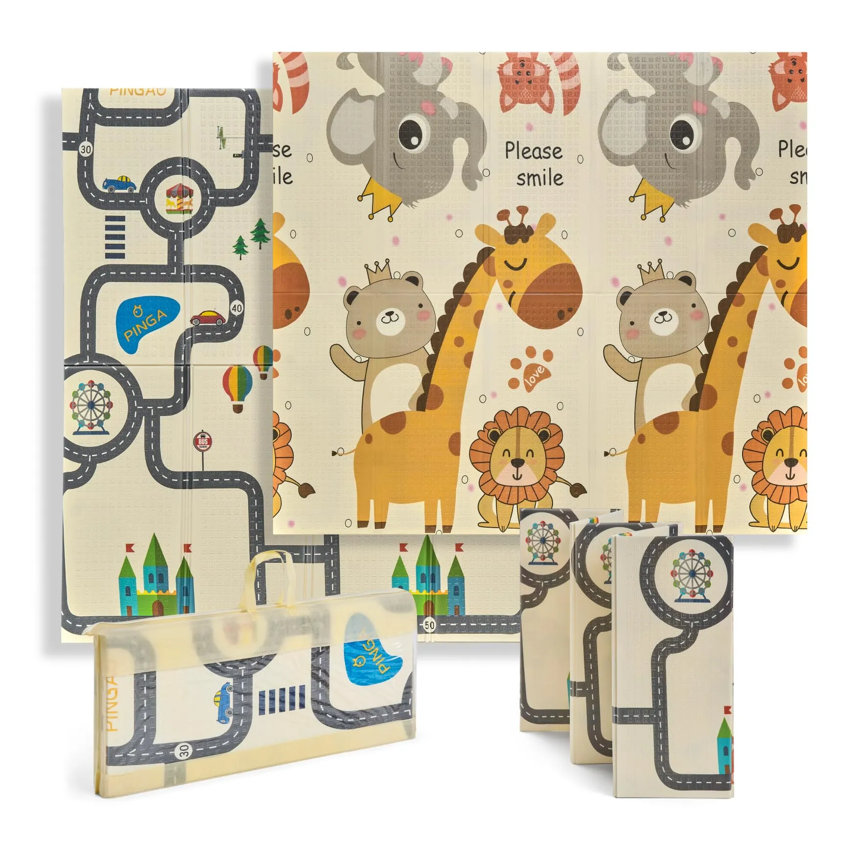 Buddy Baby - Tappetino da gioco per bambini, XXL, 180 x 200 cm, double face, resistente, imbottito, pieghevole, con borsa per il trasporto (Zoo/Machine) - immagine 1