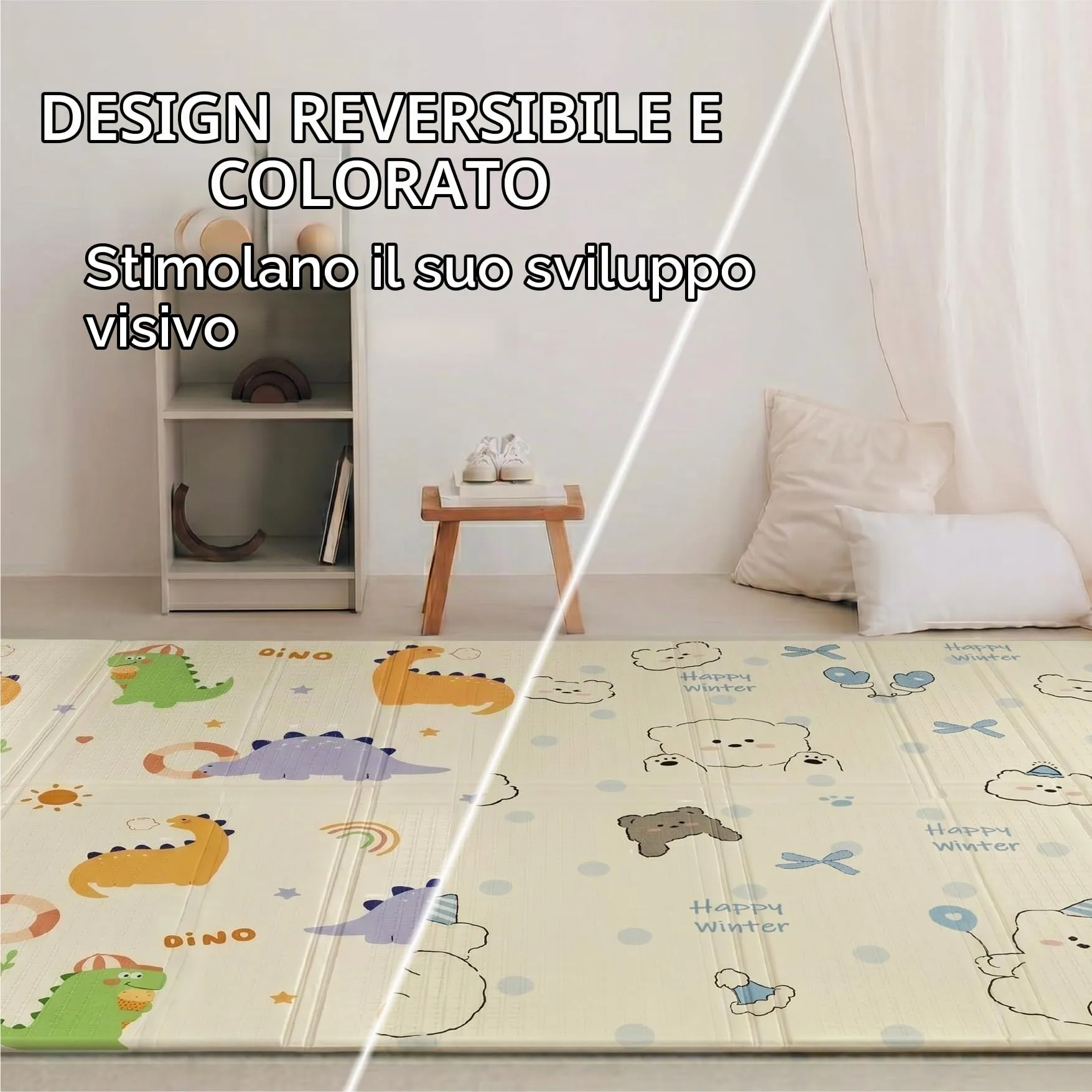 Buddy Baby - Tappetino da gioco per bambini, XXL, 180 x 200 cm, double face, resistente, imbottito, pieghevole, con borsa per il trasporto (Treno/Giraffa) - immagine 6