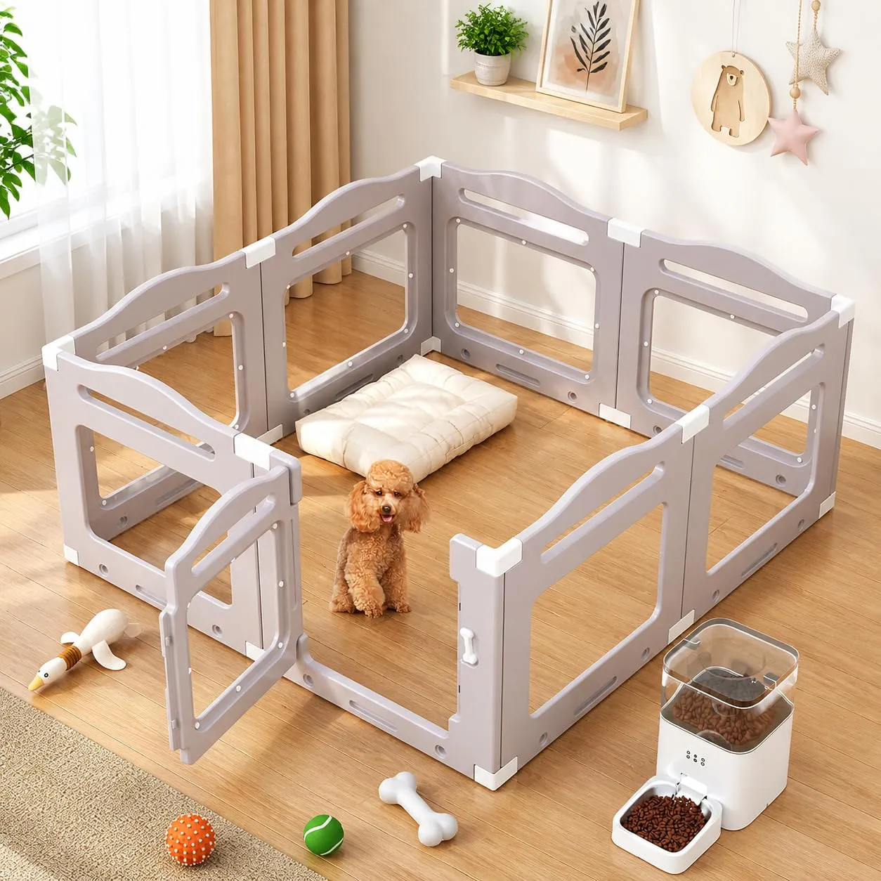 Recinto per Cani da Interno in Acrilico 60cm, 7 PCS +1 Pannelli con Porta a Chiusura, Recinto per Cani Pieghevole con Ventose, Parco adatto per Appartamento, Grigio Caldo - immagine 1
