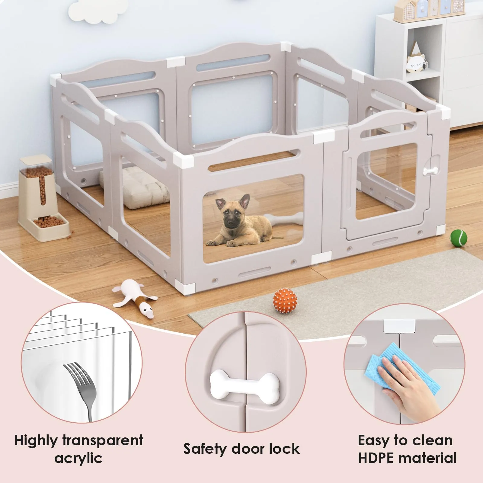 Recinto per Cani da Interno in Acrilico 60cm, 7 PCS +1 Pannelli con Porta a Chiusura, Recinto per Cani Pieghevole con Ventose, Parco adatto per Appartamento, Grigio Caldo - immagine 2