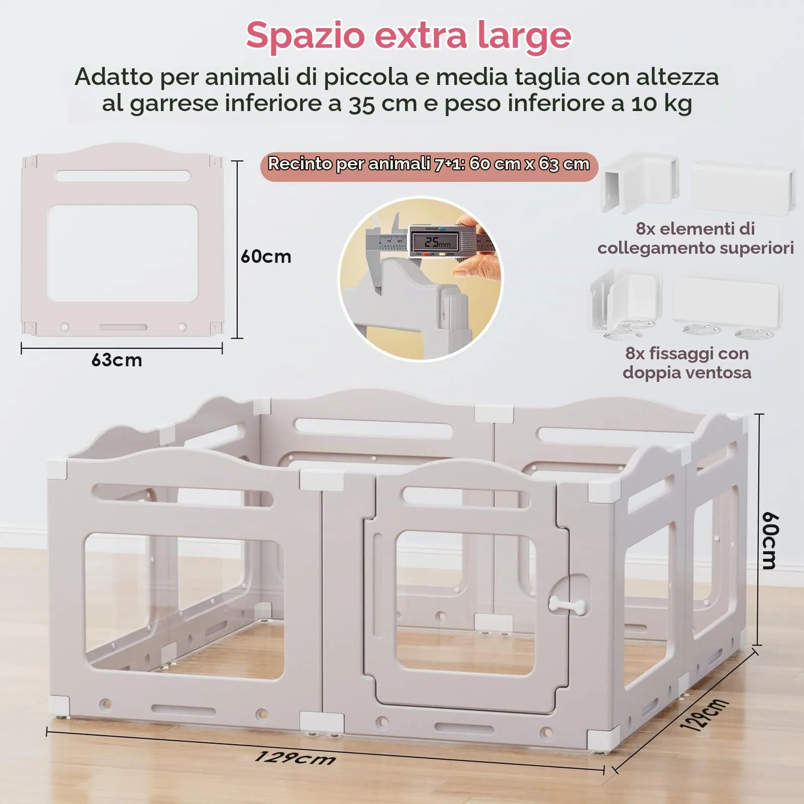 Recinto per Cani da Interno in Acrilico 60cm, 7 PCS +1 Pannelli con Porta a Chiusura, Recinto per Cani Pieghevole con Ventose, Parco adatto per Appartamento, Grigio Caldo - immagine 3