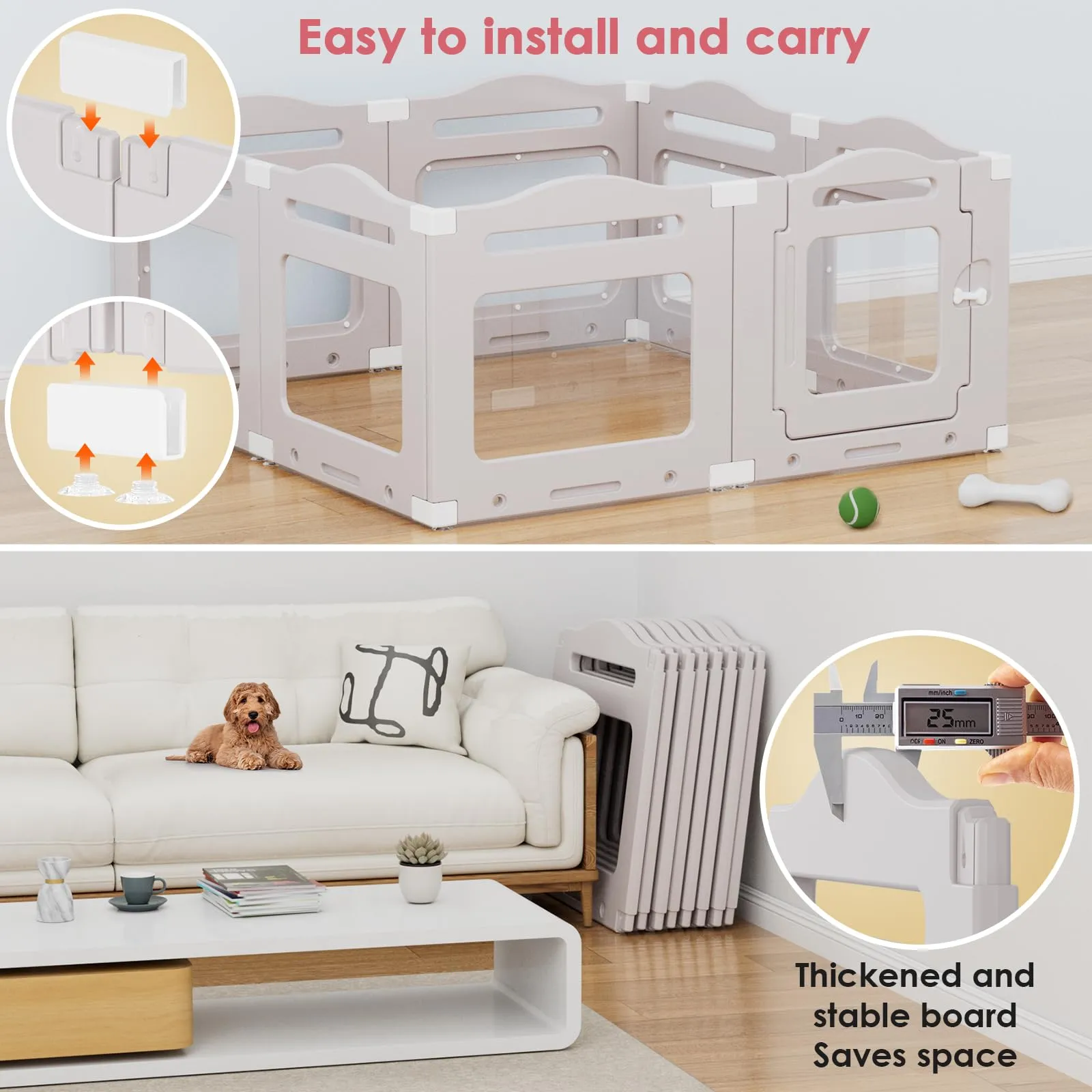 Recinto per Cani da Interno in Acrilico 60cm, 7 PCS +1 Pannelli con Porta a Chiusura, Recinto per Cani Pieghevole con Ventose, Parco adatto per Appartamento, Grigio Caldo - immagine 5