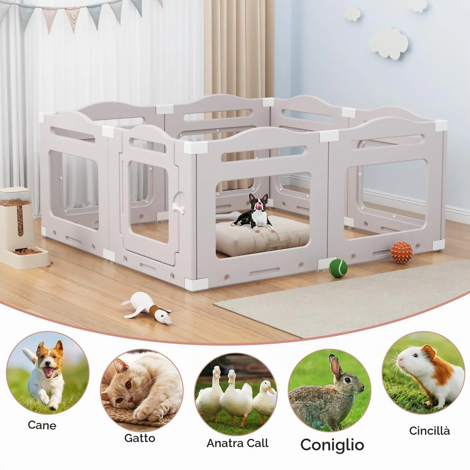 Recinto per Cani da Interno in Acrilico 60cm, 7 PCS +1 Pannelli con Porta a Chiusura, Recinto per Cani Pieghevole con Ventose, Parco adatto per Appartamento, Grigio Caldo - immagine 7