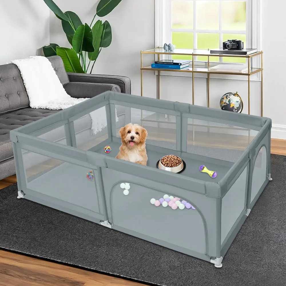Parco per cuccioli con porta, parco per cuccioli o cani piccoli, recinzione solida in tessuto spesso e rete in nylon ad alta resistenza, lavabile in lavatrice, per interni ed esterni, 205 x 147 x 66 - immagine 2