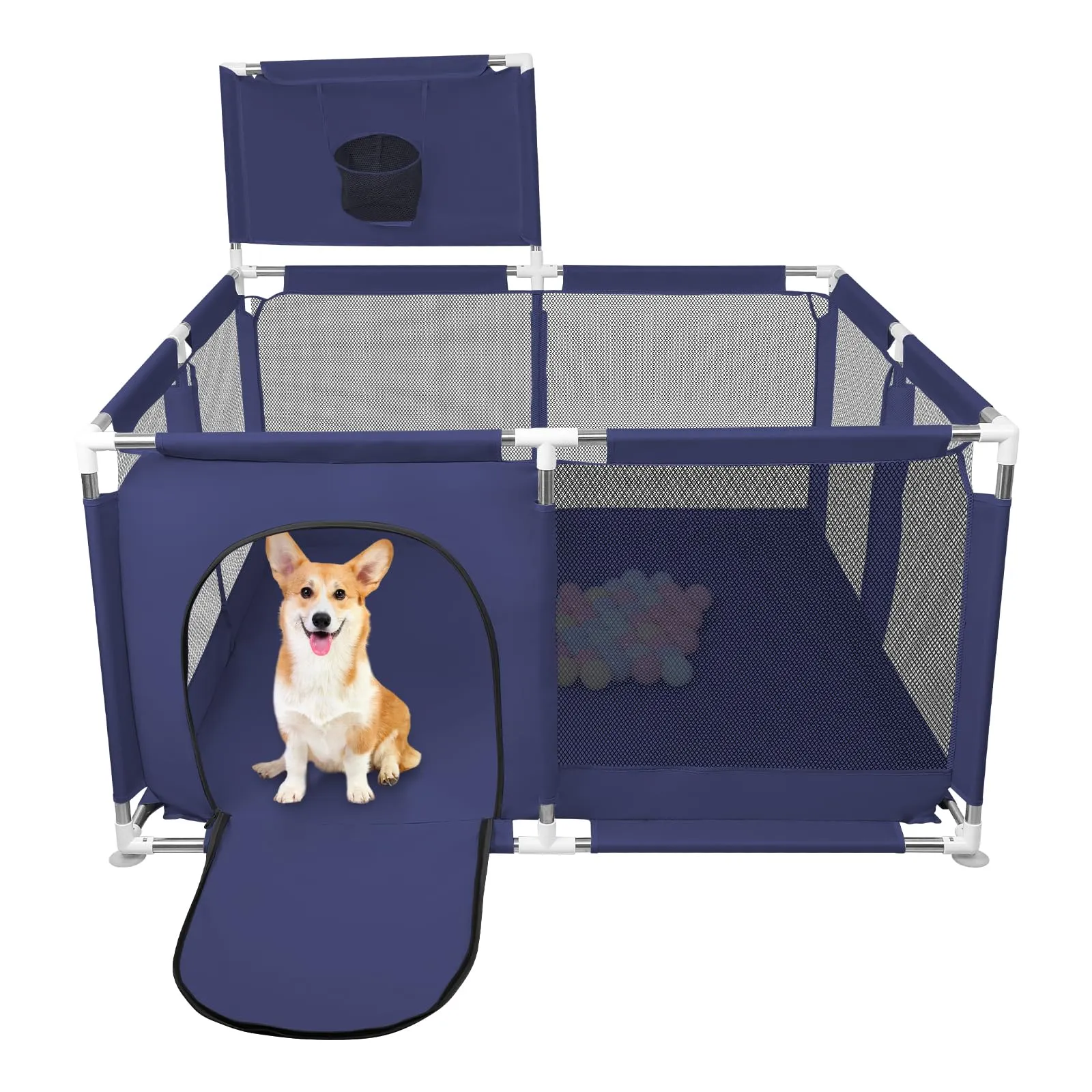 Parco per cuccioli con porta, recinzione solida in tessuto spesso e rete nylon resistente, lavabile in lavatrice, interno/esterno, 126x126x66 cm, blu - immagine 1
