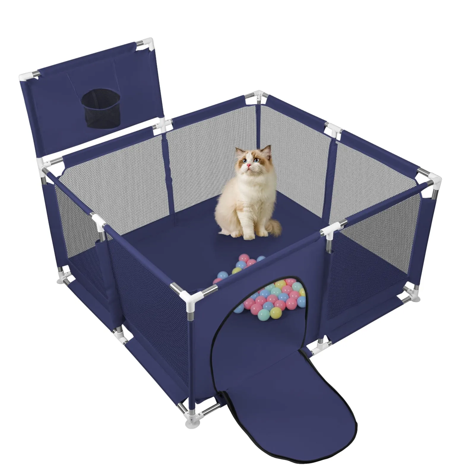 Parco per cuccioli con porta, recinzione solida in tessuto spesso e rete nylon resistente, lavabile in lavatrice, interno/esterno, 126x126x66 cm, blu - immagine 2