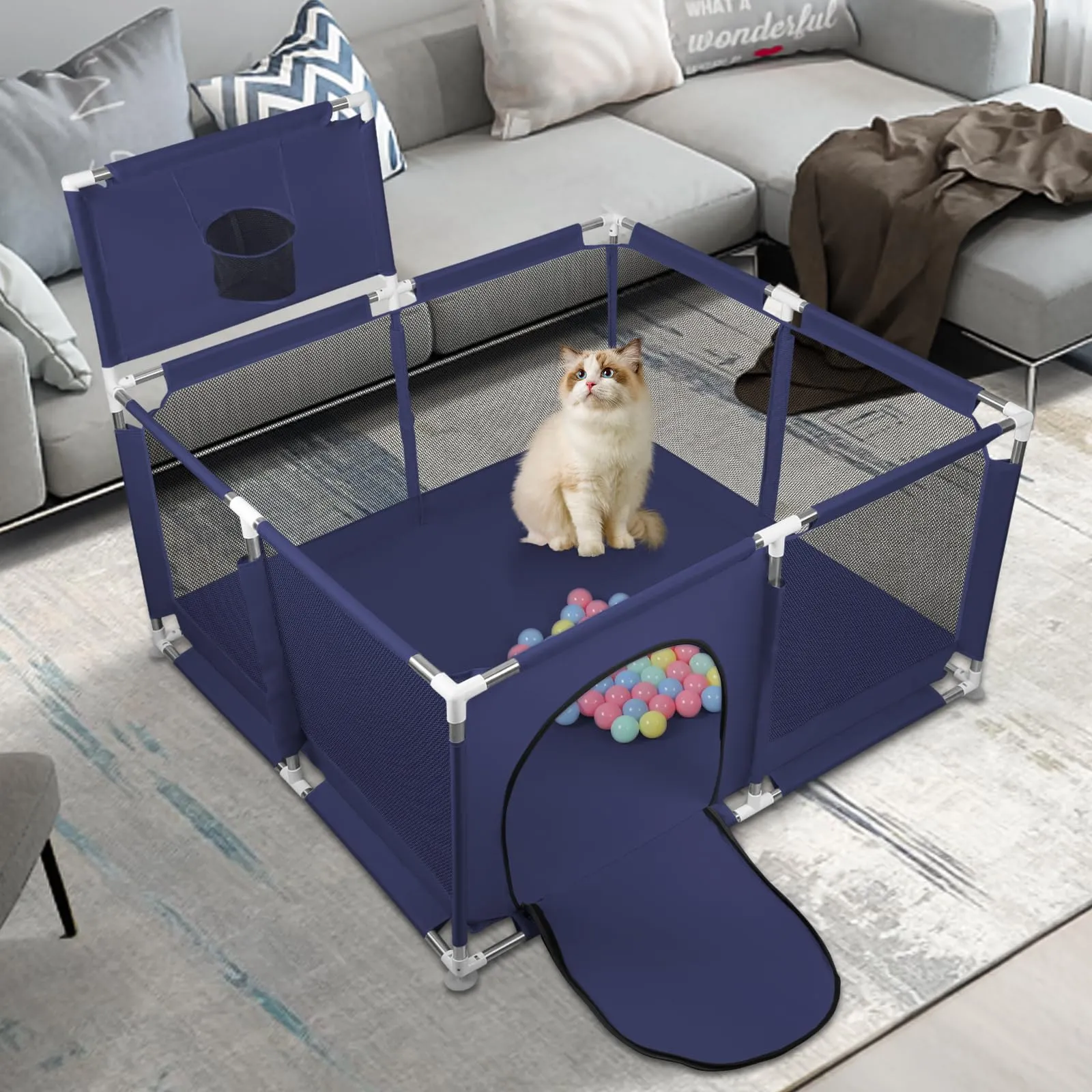 Parco per cuccioli con porta, recinzione solida in tessuto spesso e rete nylon resistente, lavabile in lavatrice, interno/esterno, 126x126x66 cm, blu - immagine 3