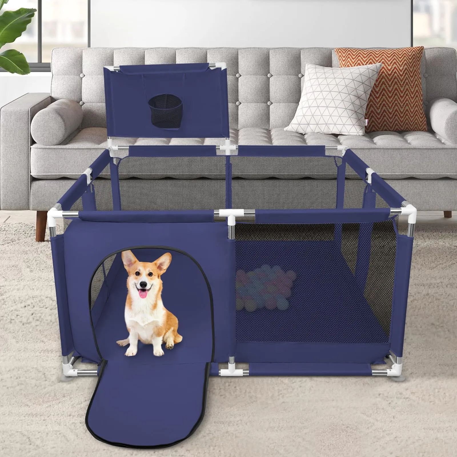 Parco per cuccioli con porta, recinzione solida in tessuto spesso e rete nylon resistente, lavabile in lavatrice, interno/esterno, 126x126x66 cm, blu - immagine 4