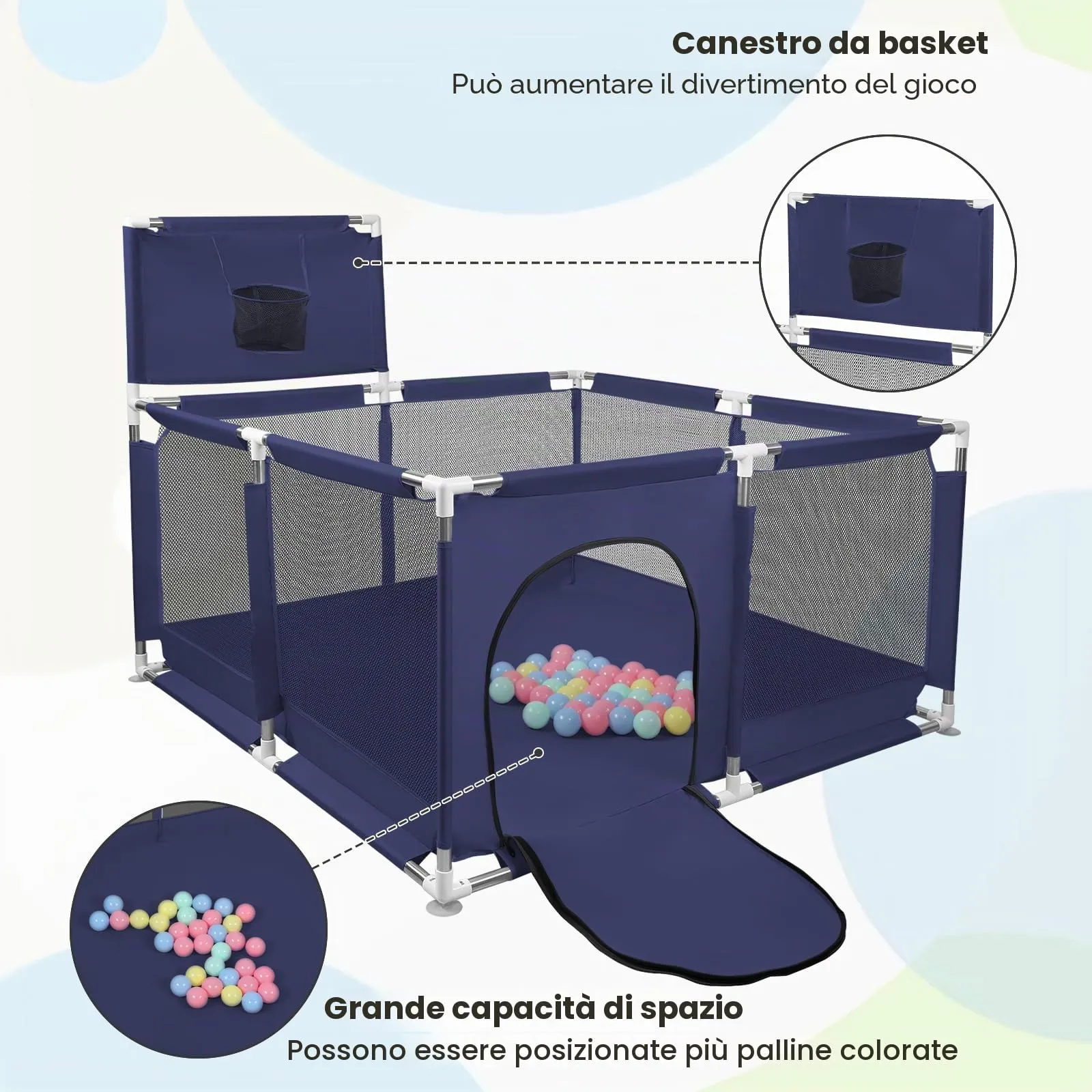 Parco per cuccioli con porta, recinzione solida in tessuto spesso e rete nylon resistente, lavabile in lavatrice, interno/esterno, 126x126x66 cm, blu - immagine 5