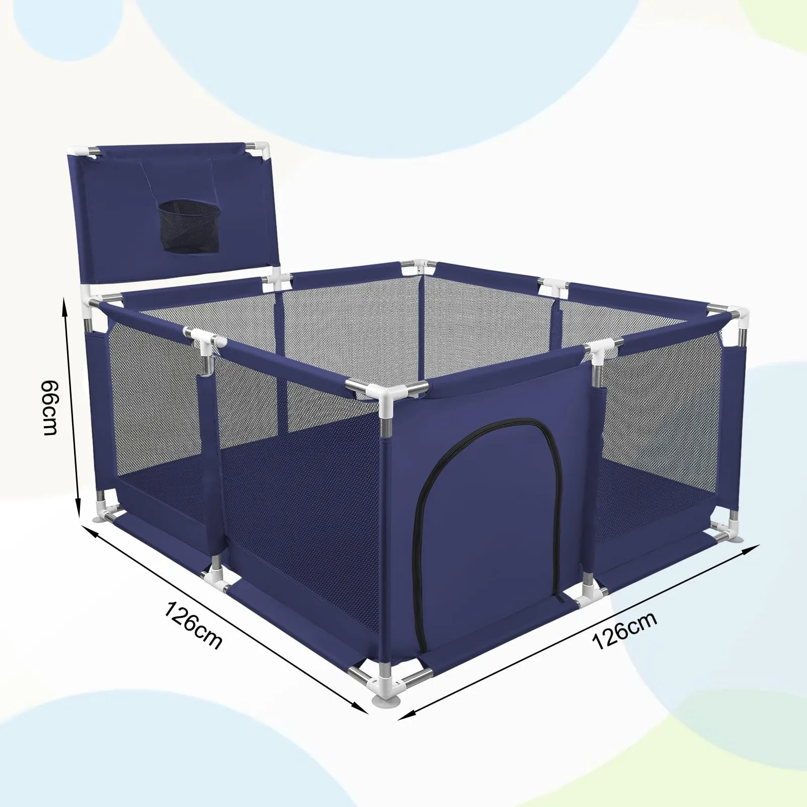 Parco per cuccioli con porta, recinzione solida in tessuto spesso e rete nylon resistente, lavabile in lavatrice, interno/esterno, 126x126x66 cm, blu - immagine 6