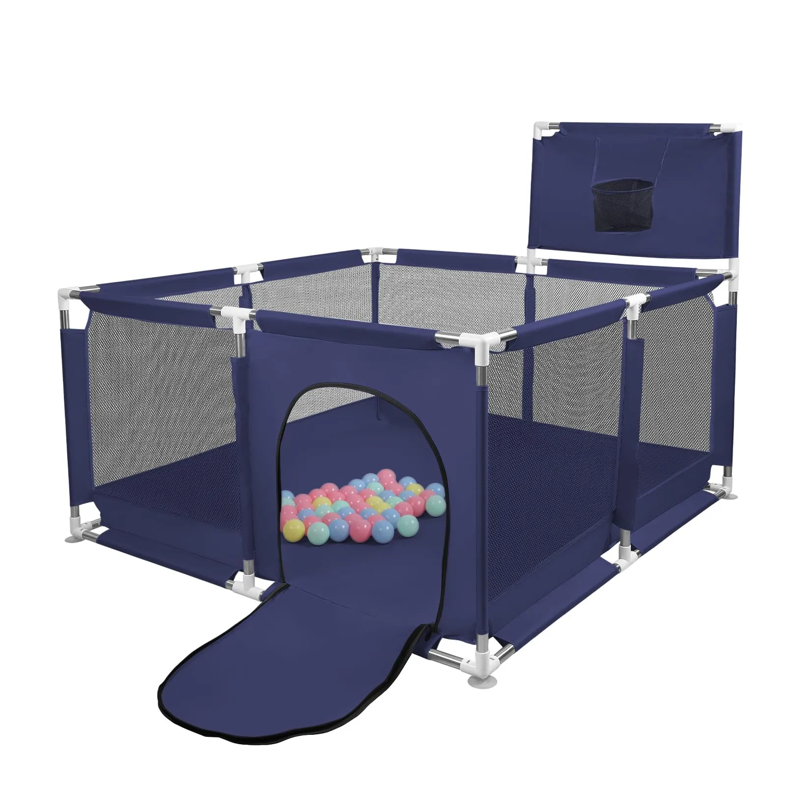 Parco per cuccioli con porta, recinzione solida in tessuto spesso e rete nylon resistente, lavabile in lavatrice, interno/esterno, 126x126x66 cm, blu - immagine 8