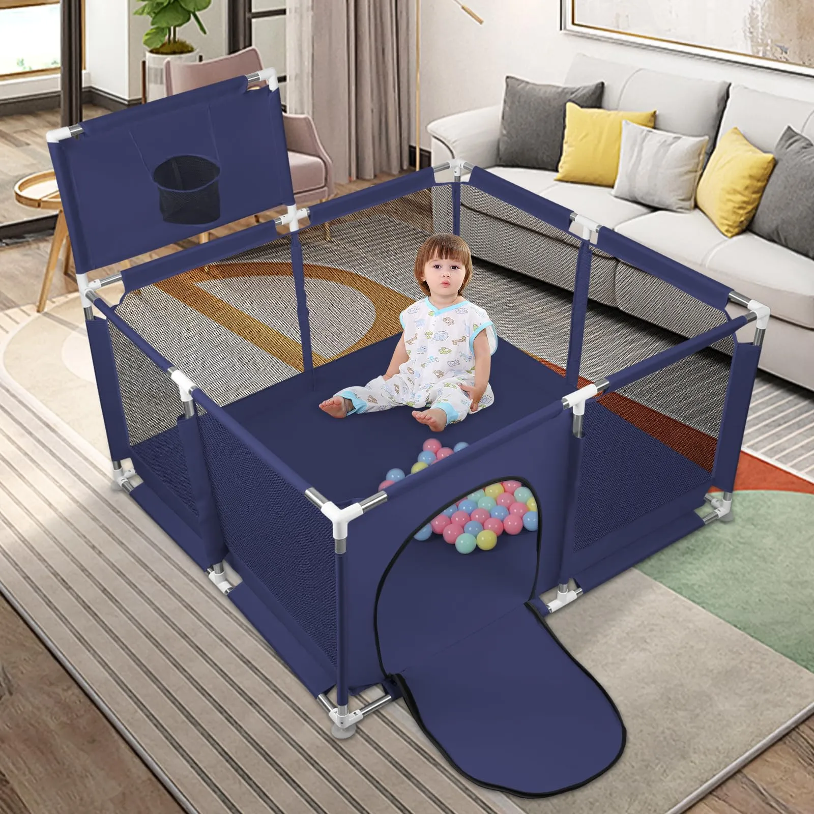 Parco per cuccioli con porta, recinzione solida in tessuto spesso e rete nylon resistente, lavabile in lavatrice, interno/esterno, 126x126x66 cm, blu - immagine 9