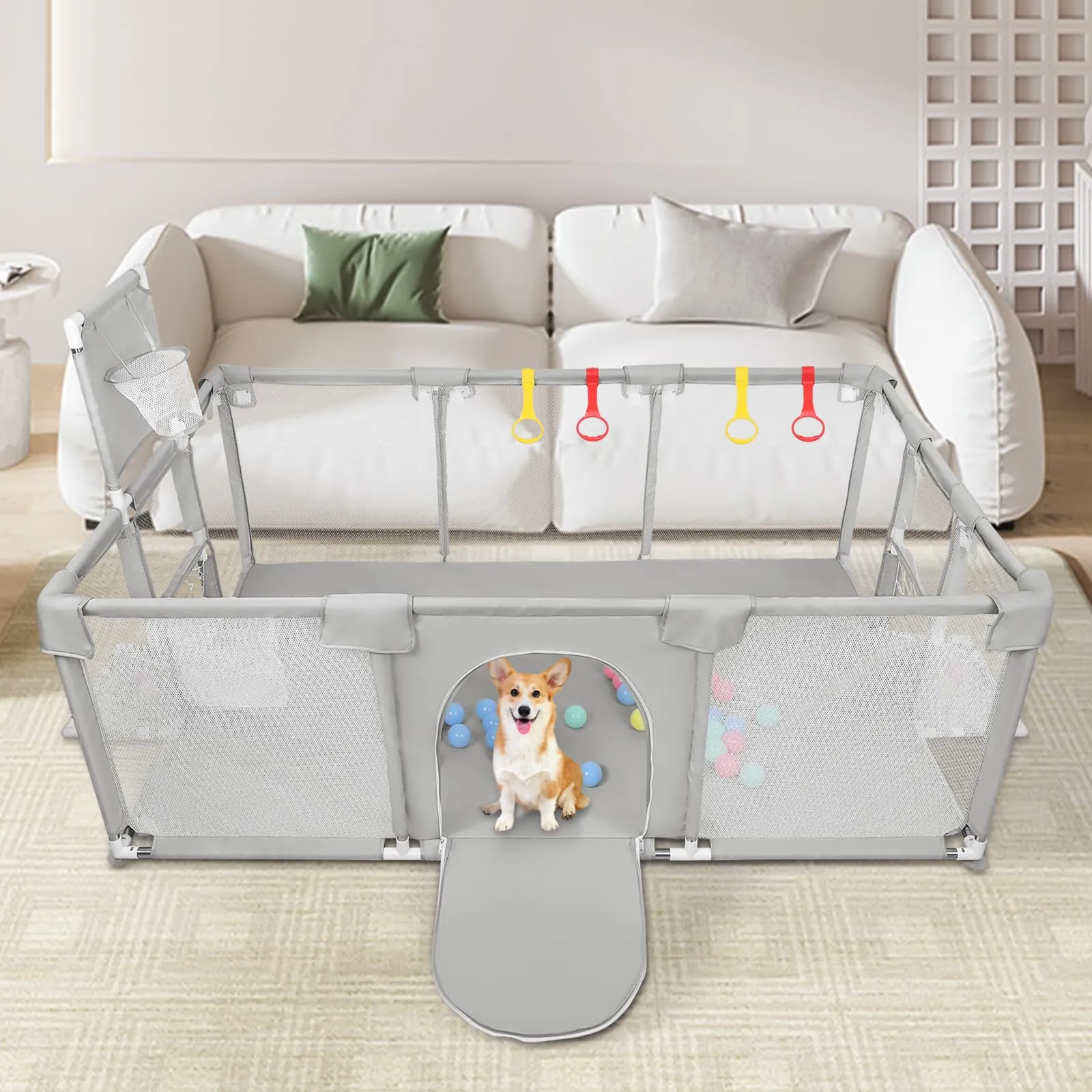 Parco per cuccioli con porta, parco per cuccioli o cani piccoli, recinzione solida in tessuto spesso e rete in nylon ad alta resistenza, lavabile in lavatrice, interno/esterno, 180 x 120 x 66 cm - immagine 3