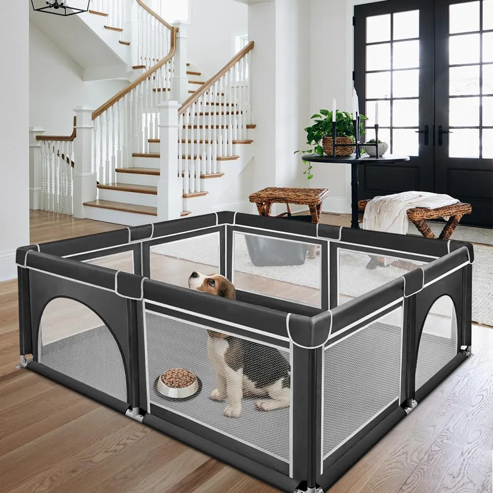 Parco per cuccioli con porta, parco per cuccioli o cani piccoli, recinzione solida in tessuto spesso e rete in nylon ad alta resistenza, lavabile in lavatrice, interno/esterno, 180 x 150 x 66 cm - immagine 1