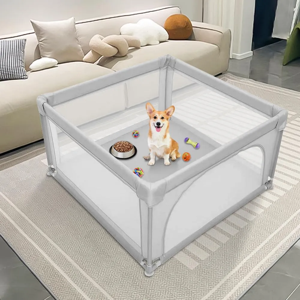 Box per cuccioli con porta, box per cuccioli o cani piccoli, recinzione solida in tessuto spesso e rete in nylon ad alta resistenza, lavabile in lavatrice, interno/esterno, 120 x 120 x 66 cm, grigio - immagine 2
