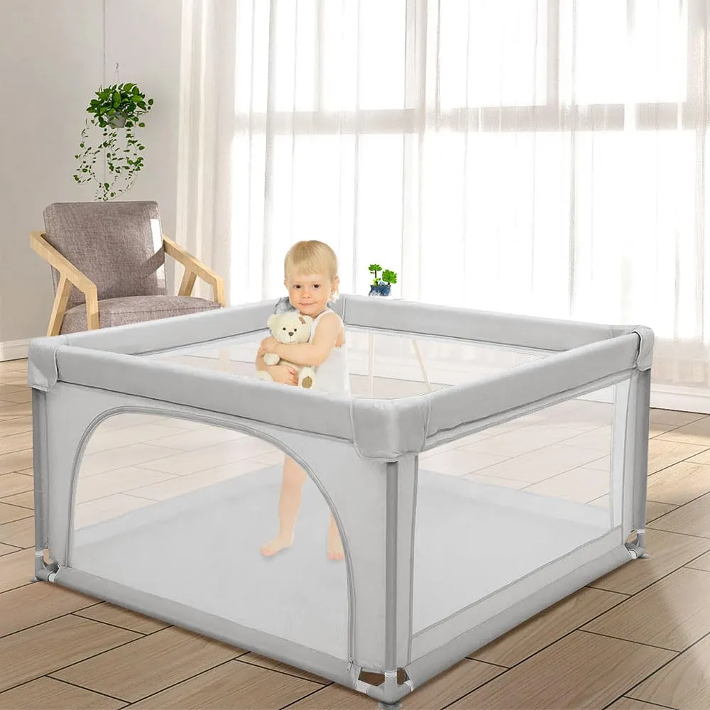 Box per cuccioli con porta, box per cuccioli o cani piccoli, recinzione solida in tessuto spesso e rete in nylon ad alta resistenza, lavabile in lavatrice, interno/esterno, 120 x 120 x 66 cm, grigio - immagine 8