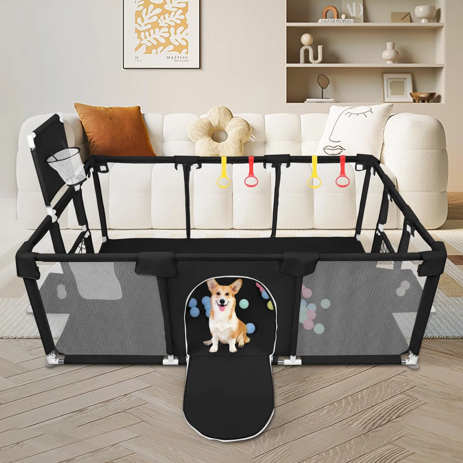 Parco per cuccioli con porta, parco per cuccioli o cani piccoli, recinzione solida in tessuto spesso e rete in nylon ad alta resistenza, lavabile in lavatrice, interno/esterno, 180 x 120 x 66 cm, nero - immagine 2