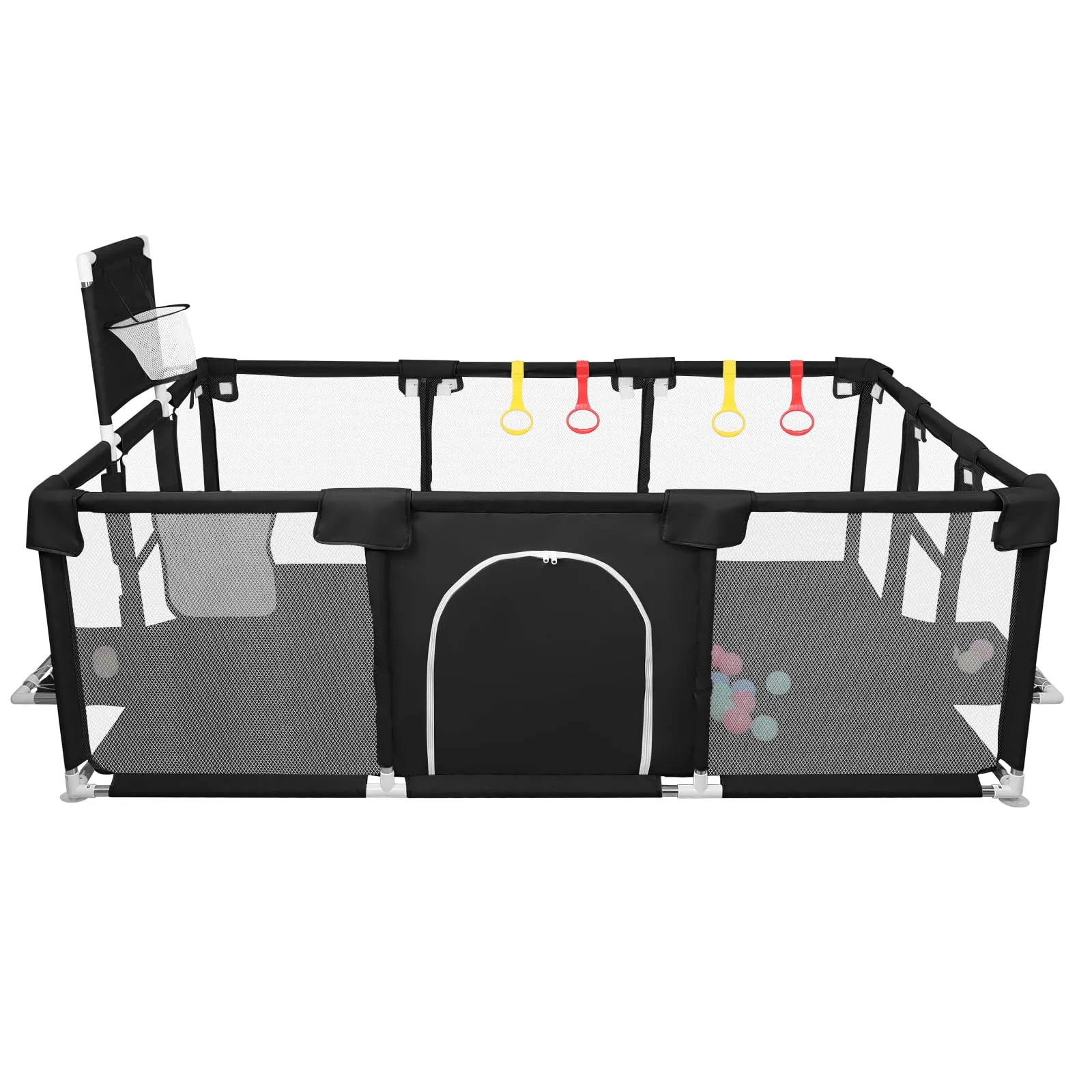 Parco per cuccioli con porta, parco per cuccioli o cani piccoli, recinzione solida in tessuto spesso e rete in nylon ad alta resistenza, lavabile in lavatrice, interno/esterno, 180 x 120 x 66 cm, nero - immagine 3