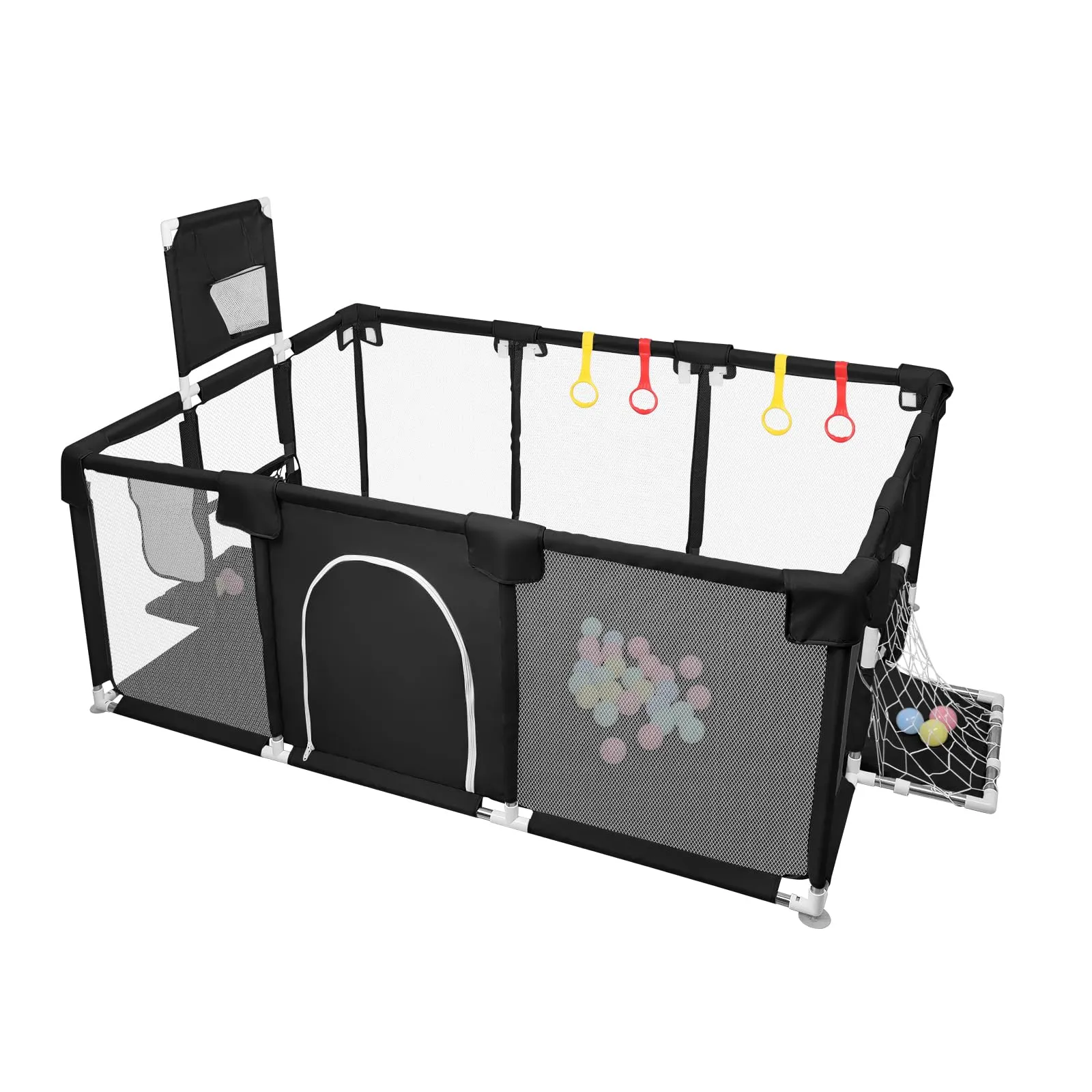 Parco per cuccioli con porta, parco per cuccioli o cani piccoli, recinzione solida in tessuto spesso e rete in nylon ad alta resistenza, lavabile in lavatrice, interno/esterno, 180 x 120 x 66 cm, nero - immagine 5