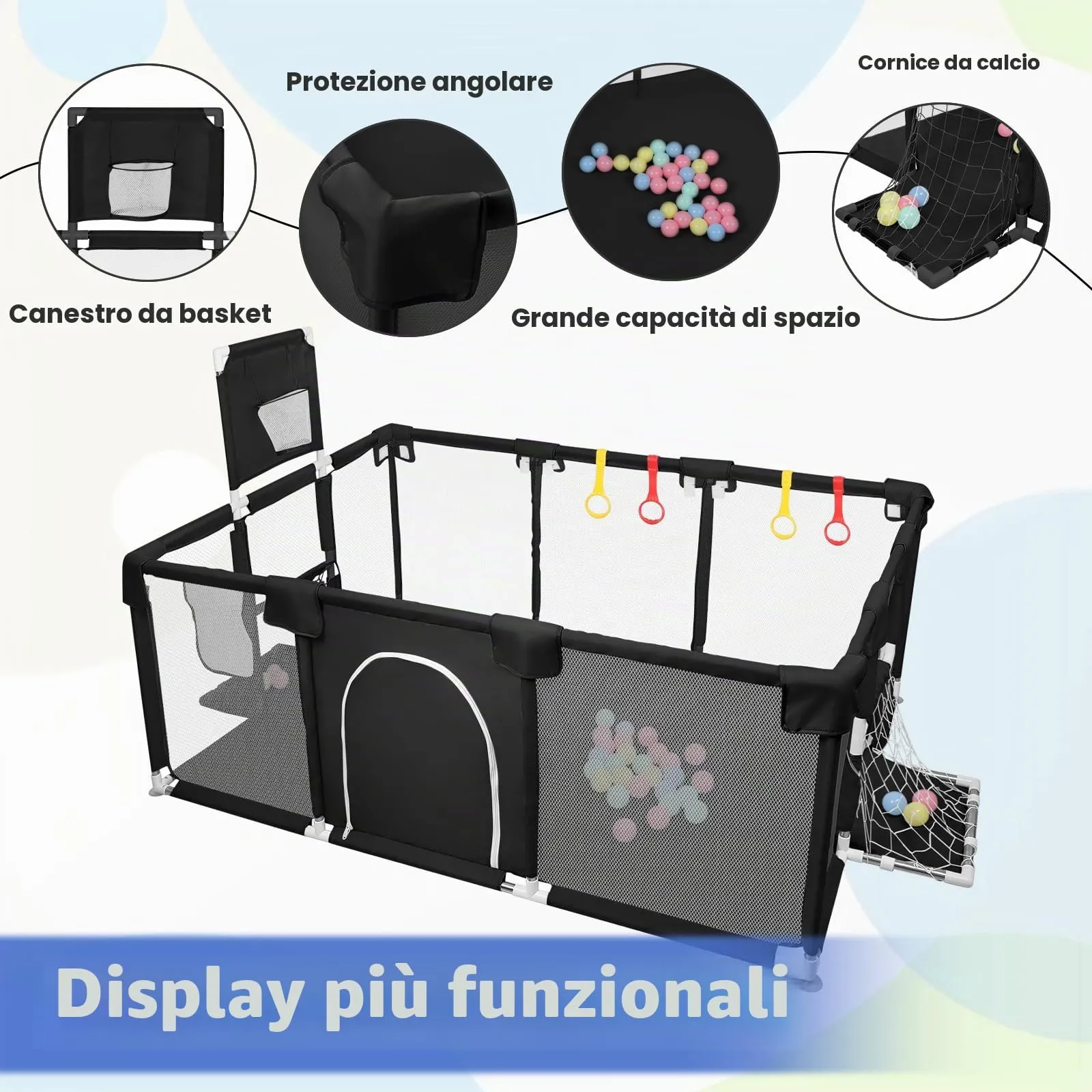 Parco per cuccioli con porta, parco per cuccioli o cani piccoli, recinzione solida in tessuto spesso e rete in nylon ad alta resistenza, lavabile in lavatrice, interno/esterno, 180 x 120 x 66 cm, nero - immagine 6