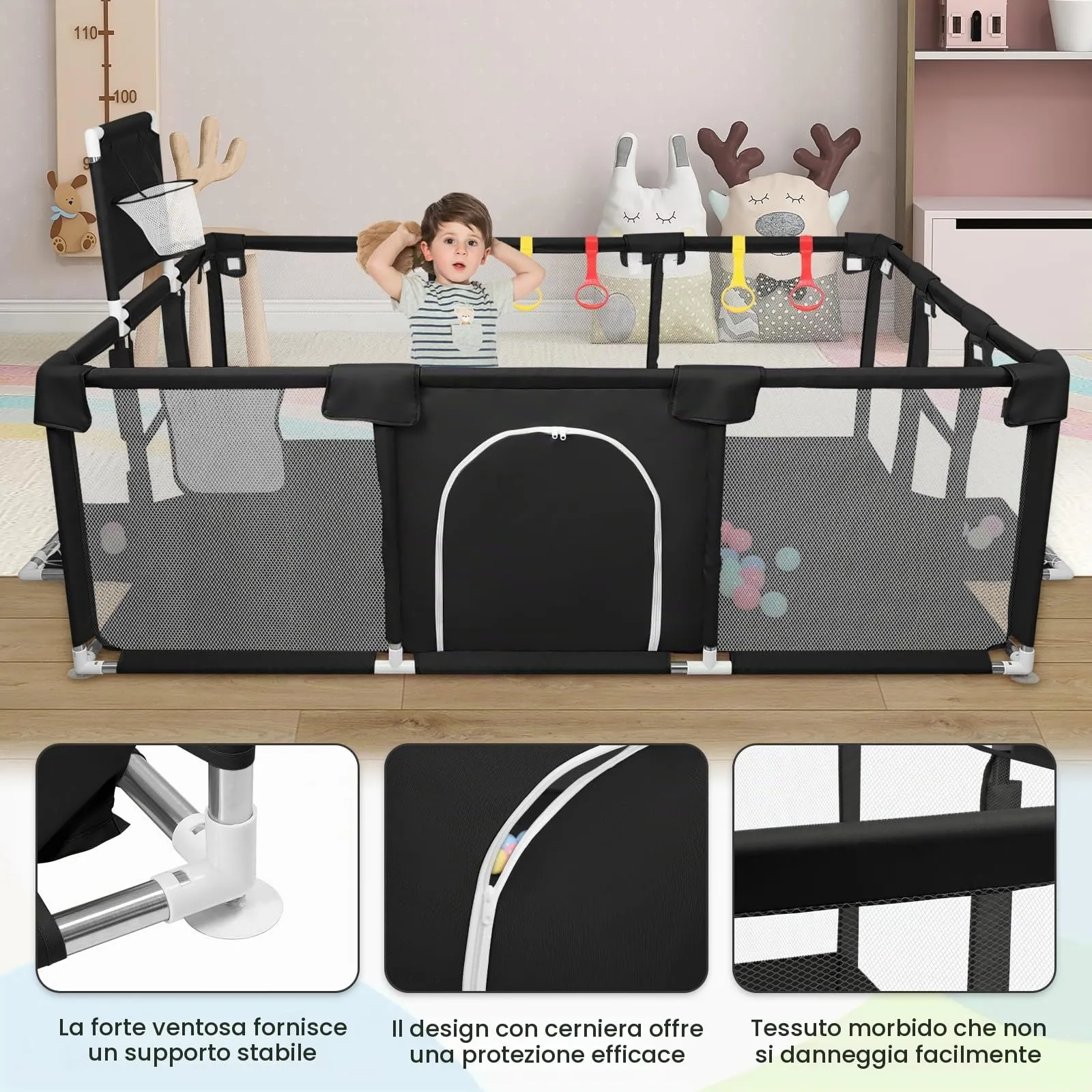 Parco per cuccioli con porta, parco per cuccioli o cani piccoli, recinzione solida in tessuto spesso e rete in nylon ad alta resistenza, lavabile in lavatrice, interno/esterno, 180 x 120 x 66 cm, nero - immagine 8