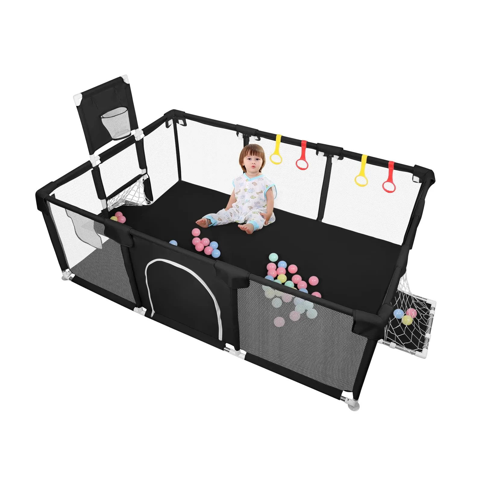 Parco per cuccioli con porta, parco per cuccioli o cani piccoli, recinzione solida in tessuto spesso e rete in nylon ad alta resistenza, lavabile in lavatrice, interno/esterno, 180 x 120 x 66 cm, nero - immagine 9