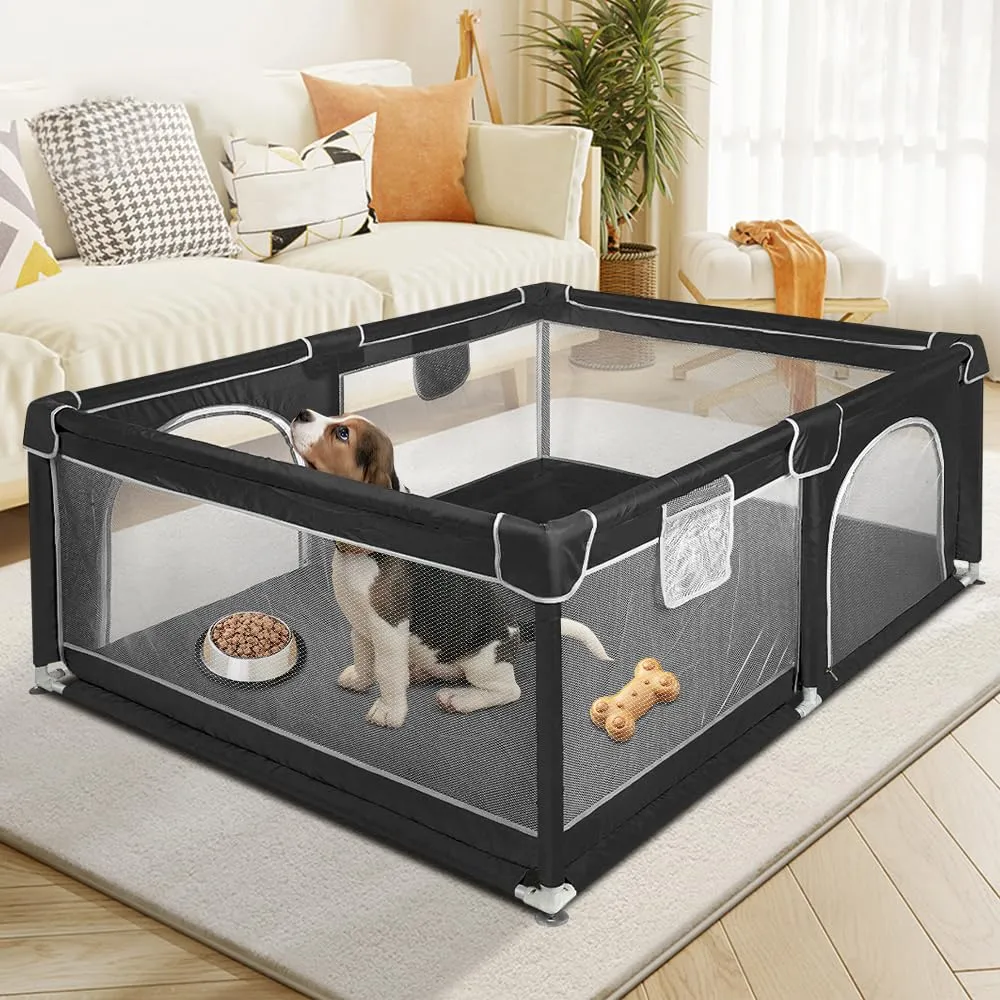 Parco per cuccioli con porta, parco per cuccioli o cani piccoli, recinzione solida in tessuto spesso e rete in nylon ad alta resistenza, lavabile in lavatrice, interno/esterno, 120 x 160 x 66 cm, nero - immagine 1