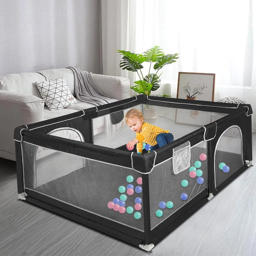 Parco per cuccioli con porta, parco per cuccioli o cani piccoli, recinzione solida in tessuto spesso e rete in nylon ad alta resistenza, lavabile in lavatrice, interno/esterno, 120 x 160 x 66 cm, nero - immagine 5