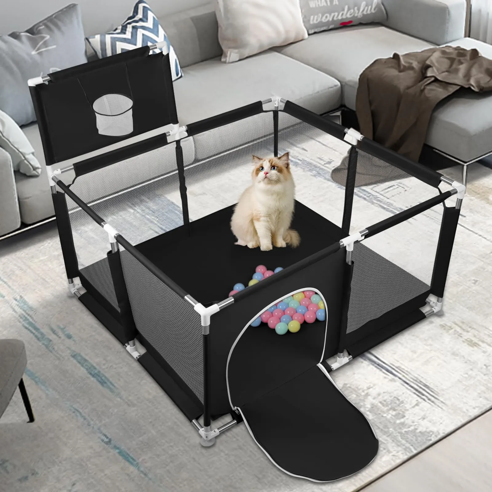 Parco per cuccioli con porta, parco per cuccioli o cani piccoli, recinzione solida in tessuto spesso e rete in nylon ad alta resistenza, lavabile in lavatrice, interno/esterno, 126 x 126 x 66 cm, nero - immagine 2