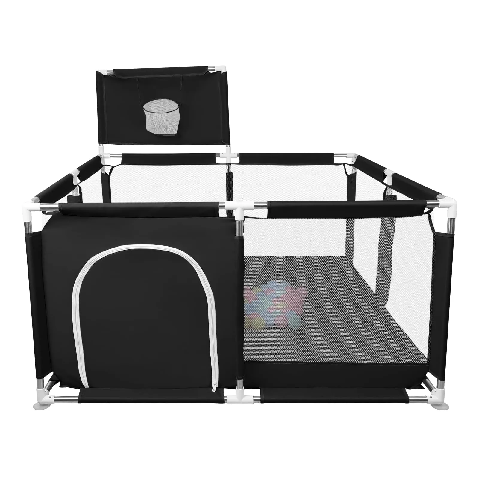 Parco per cuccioli con porta, parco per cuccioli o cani piccoli, recinzione solida in tessuto spesso e rete in nylon ad alta resistenza, lavabile in lavatrice, interno/esterno, 126 x 126 x 66 cm, nero - immagine 3