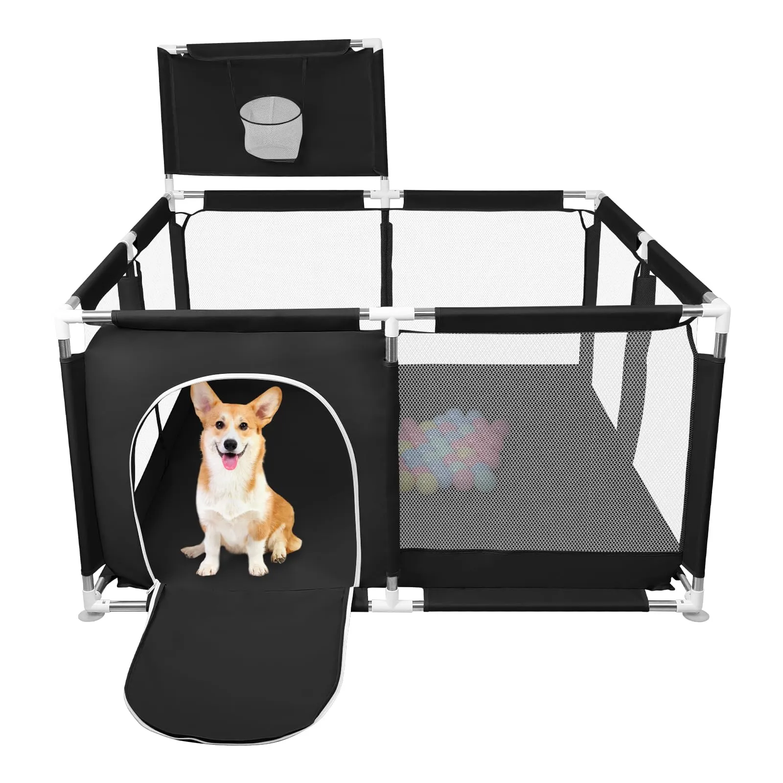 Parco per cuccioli con porta, parco per cuccioli o cani piccoli, recinzione solida in tessuto spesso e rete in nylon ad alta resistenza, lavabile in lavatrice, interno/esterno, 126 x 126 x 66 cm, nero - immagine 4
