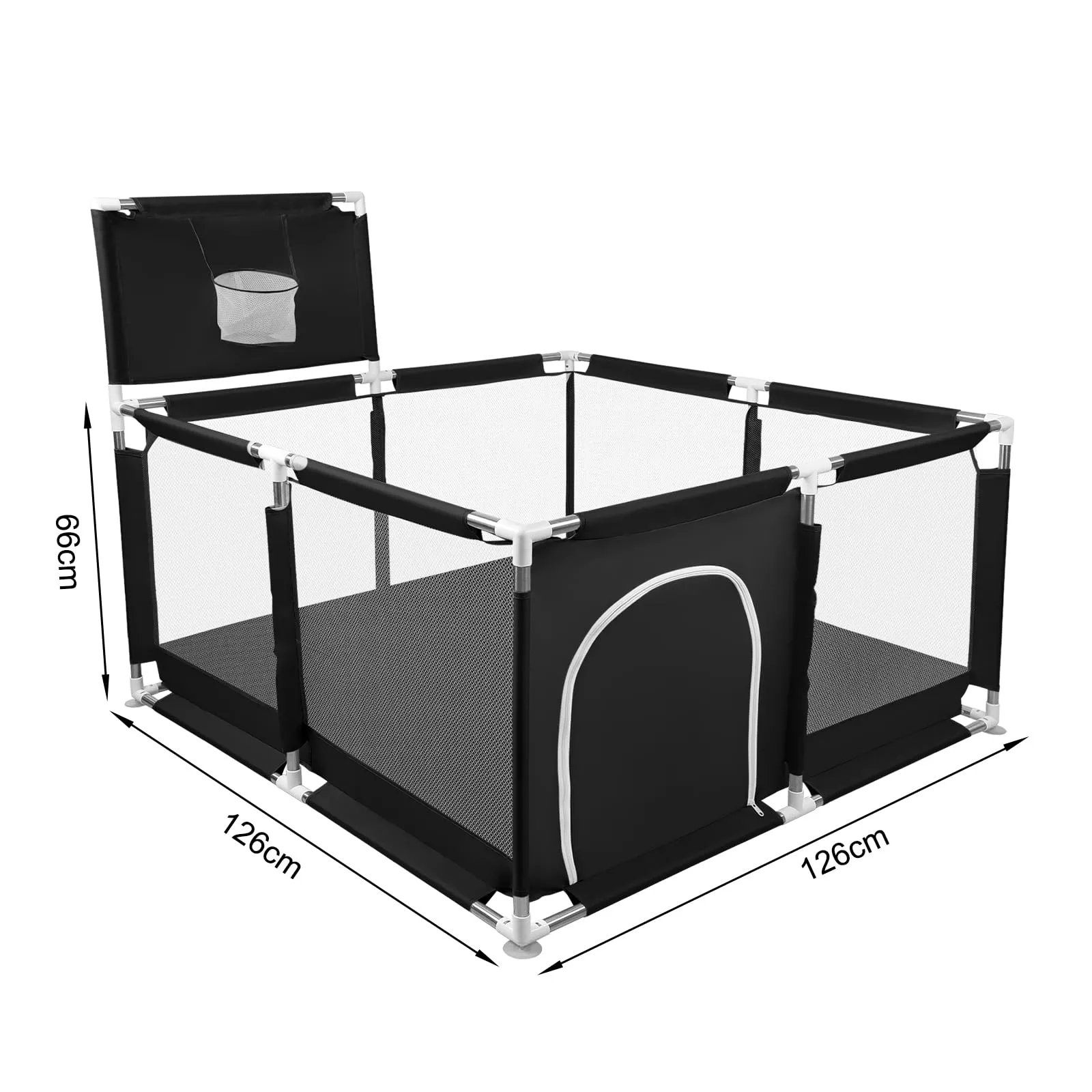 Parco per cuccioli con porta, parco per cuccioli o cani piccoli, recinzione solida in tessuto spesso e rete in nylon ad alta resistenza, lavabile in lavatrice, interno/esterno, 126 x 126 x 66 cm, nero - immagine 5