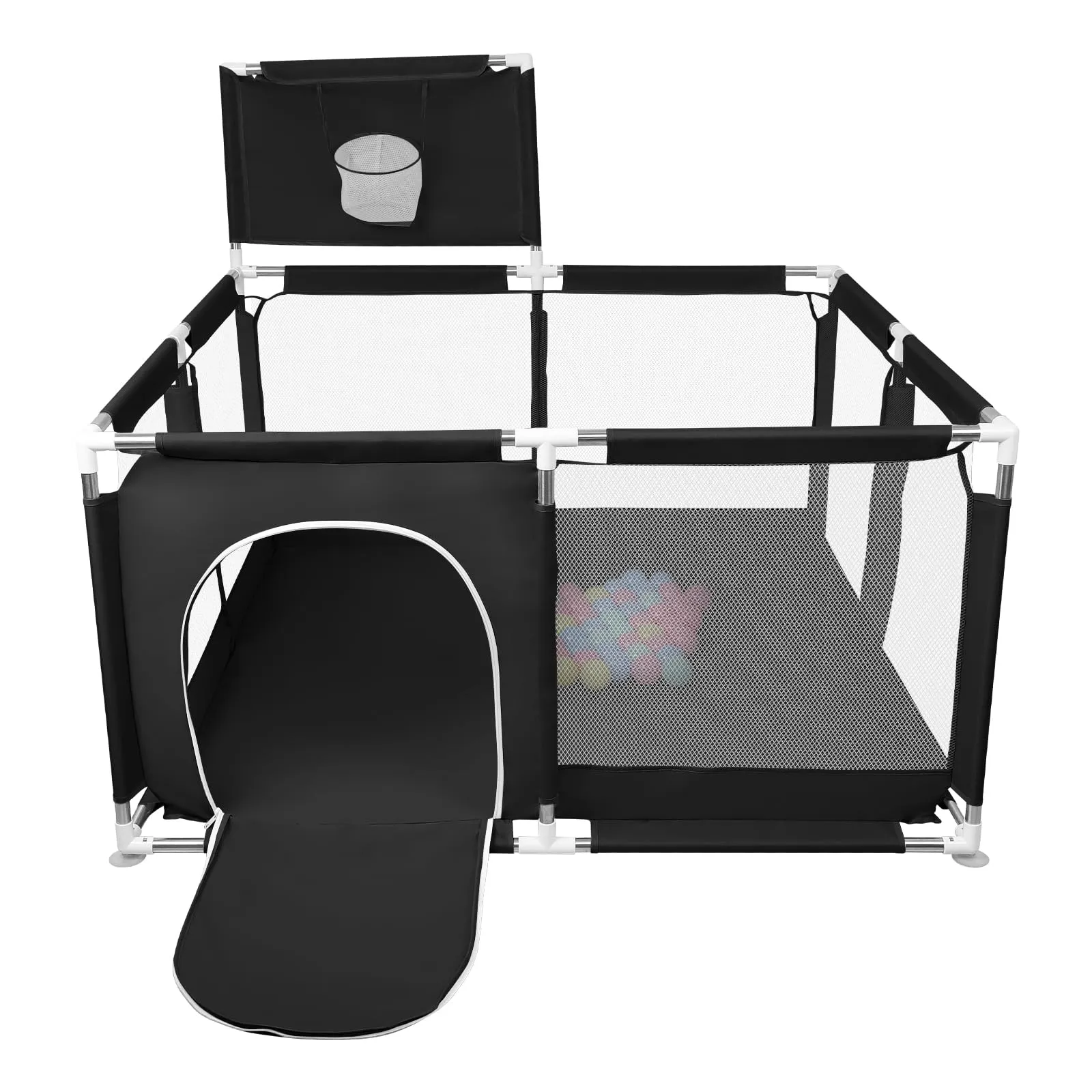 Parco per cuccioli con porta, parco per cuccioli o cani piccoli, recinzione solida in tessuto spesso e rete in nylon ad alta resistenza, lavabile in lavatrice, interno/esterno, 126 x 126 x 66 cm, nero - immagine 6