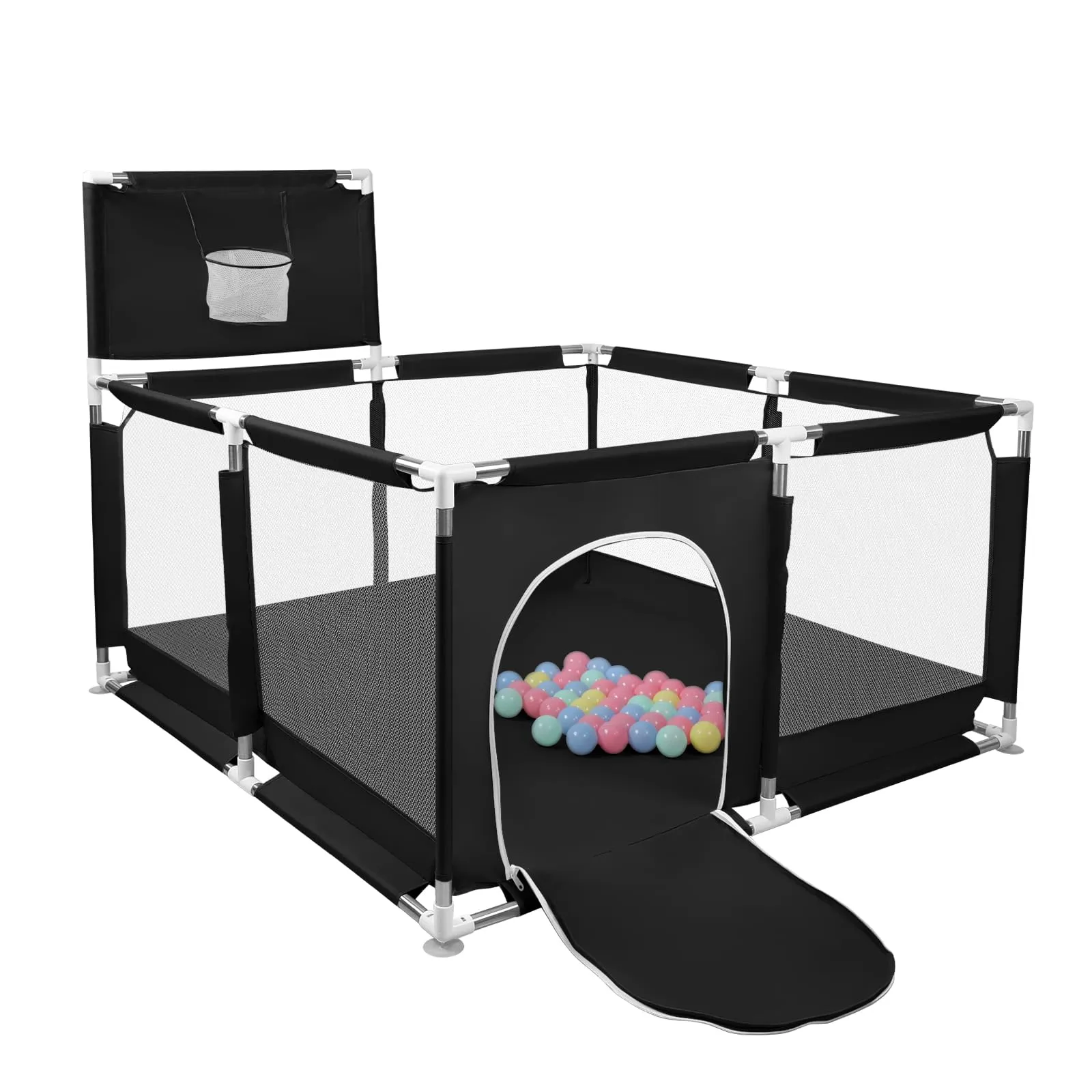 Parco per cuccioli con porta, parco per cuccioli o cani piccoli, recinzione solida in tessuto spesso e rete in nylon ad alta resistenza, lavabile in lavatrice, interno/esterno, 126 x 126 x 66 cm, nero - immagine 7