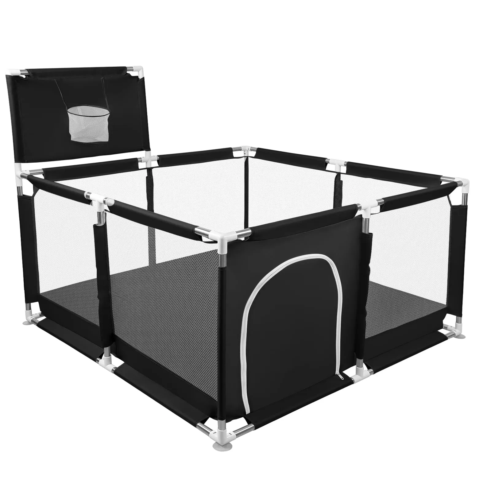 Parco per cuccioli con porta, parco per cuccioli o cani piccoli, recinzione solida in tessuto spesso e rete in nylon ad alta resistenza, lavabile in lavatrice, interno/esterno, 126 x 126 x 66 cm, nero - immagine 8