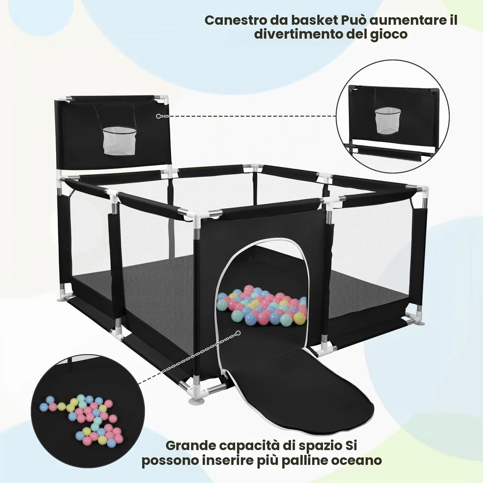 Parco per cuccioli con porta, parco per cuccioli o cani piccoli, recinzione solida in tessuto spesso e rete in nylon ad alta resistenza, lavabile in lavatrice, interno/esterno, 126 x 126 x 66 cm, nero - immagine 9