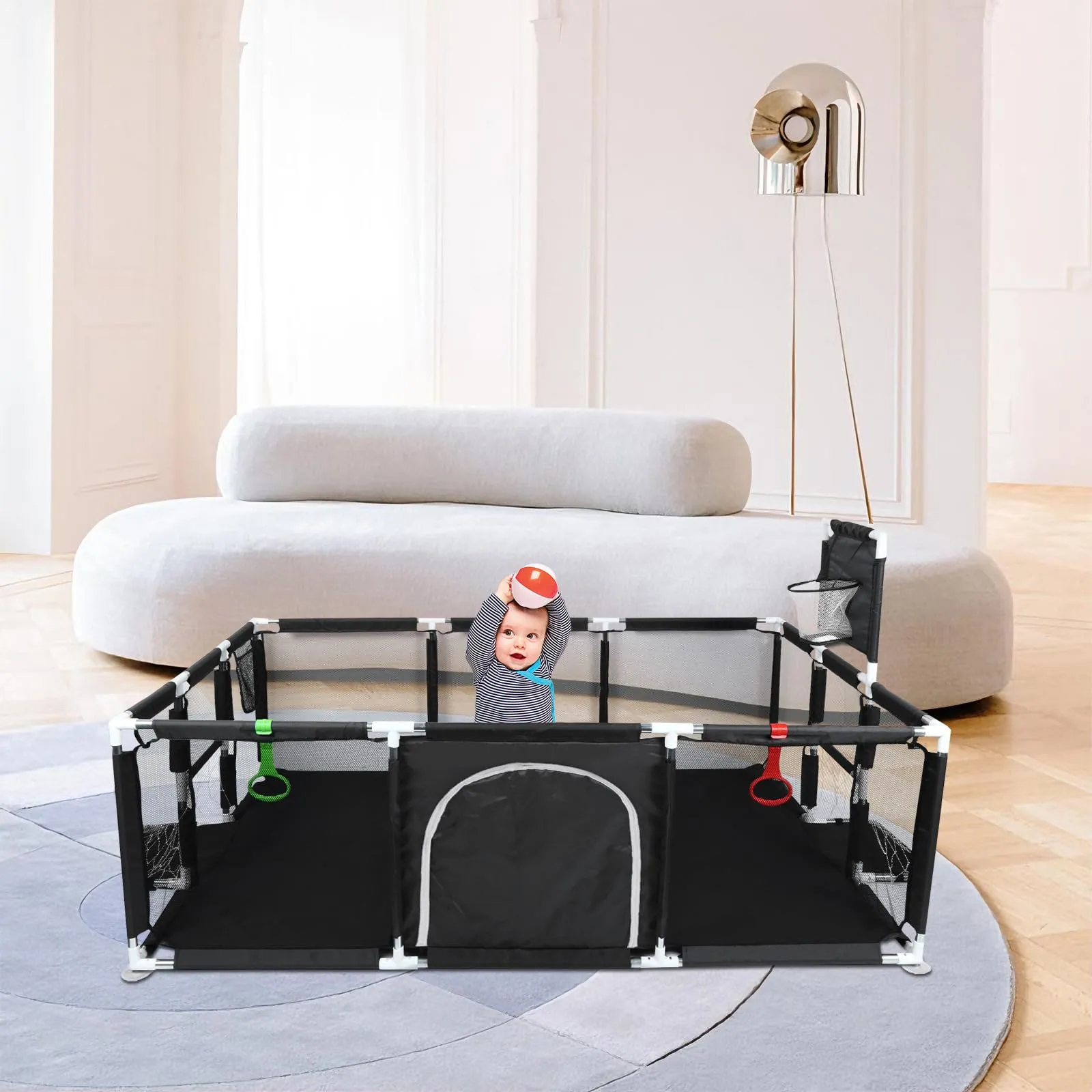 Parco per cuccioli con porta, parco per cuccioli o cani piccoli, recinzione solida in tessuto spesso e rete in nylon ad alta resistenza, lavabile in lavatrice, interno/esterno, 180 x 120 x 66 cm (nero - immagine 2
