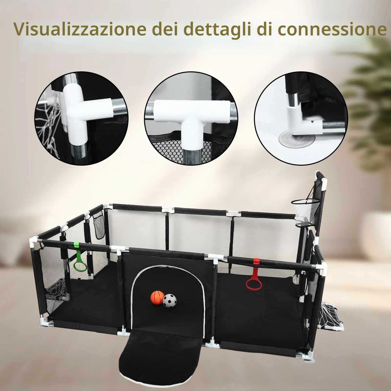 Parco per cuccioli con porta, parco per cuccioli o cani piccoli, recinzione solida in tessuto spesso e rete in nylon ad alta resistenza, lavabile in lavatrice, interno/esterno, 180 x 120 x 66 cm (nero - immagine 5
